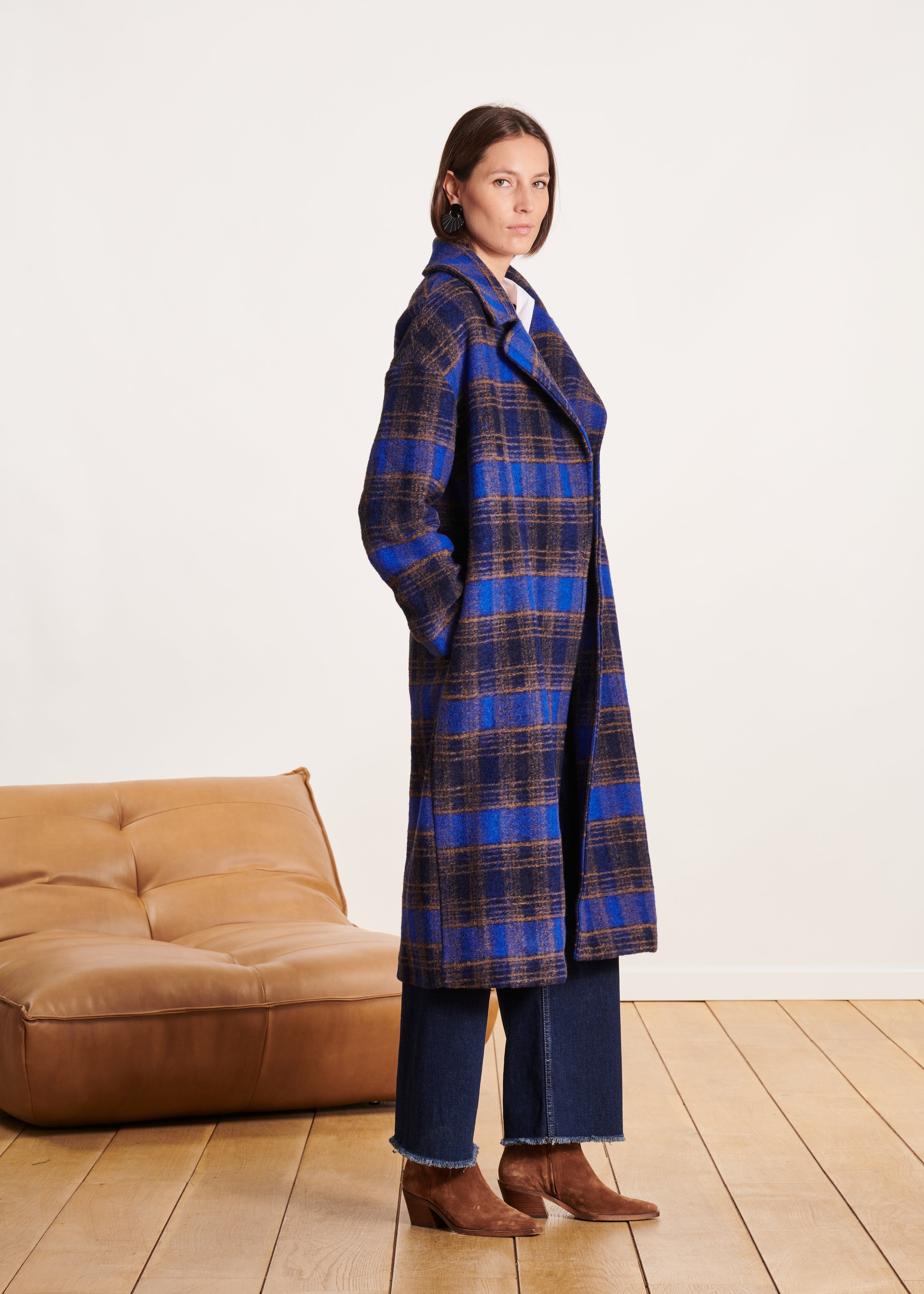 Long blue checked coat