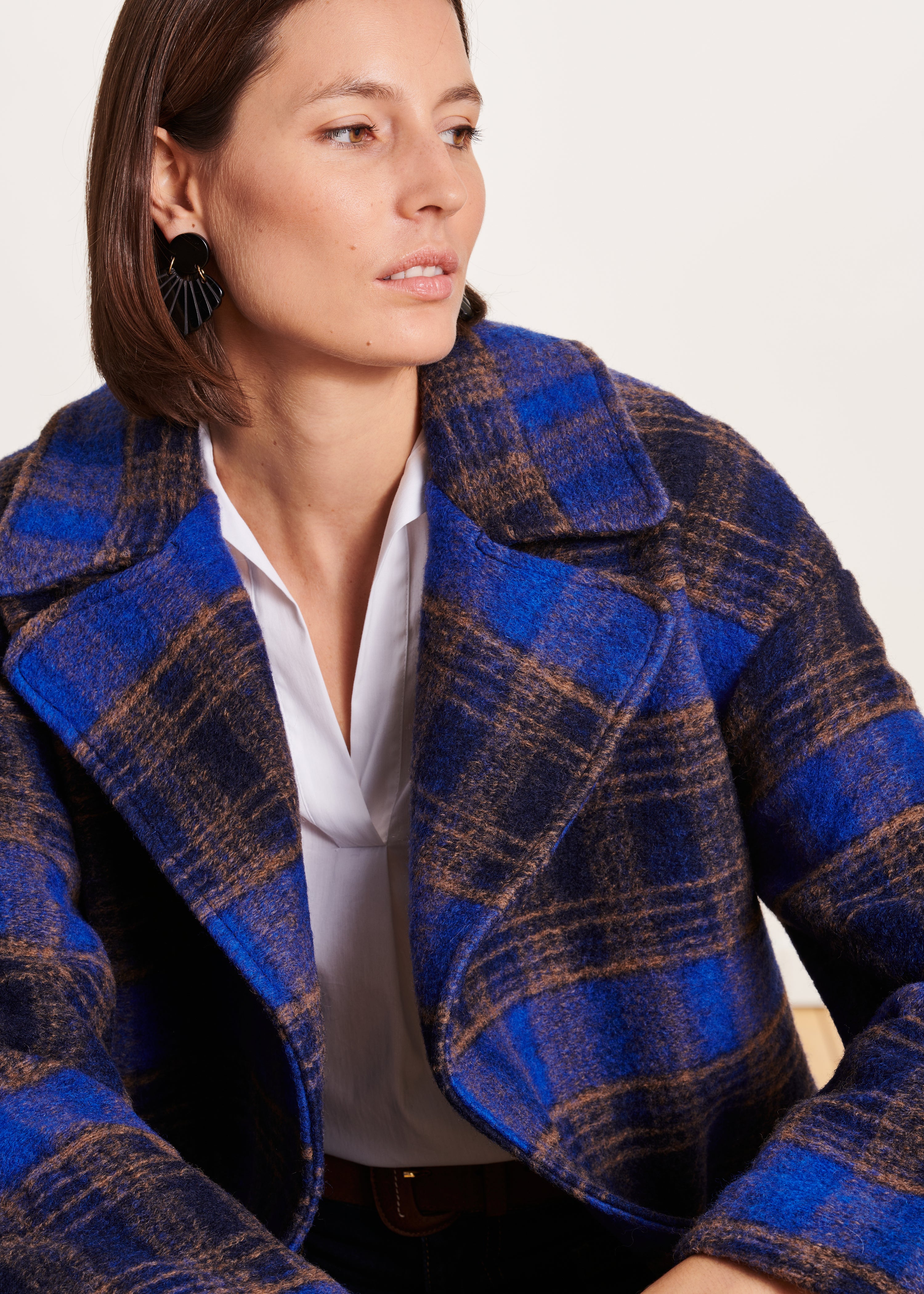 Long blue checked coat