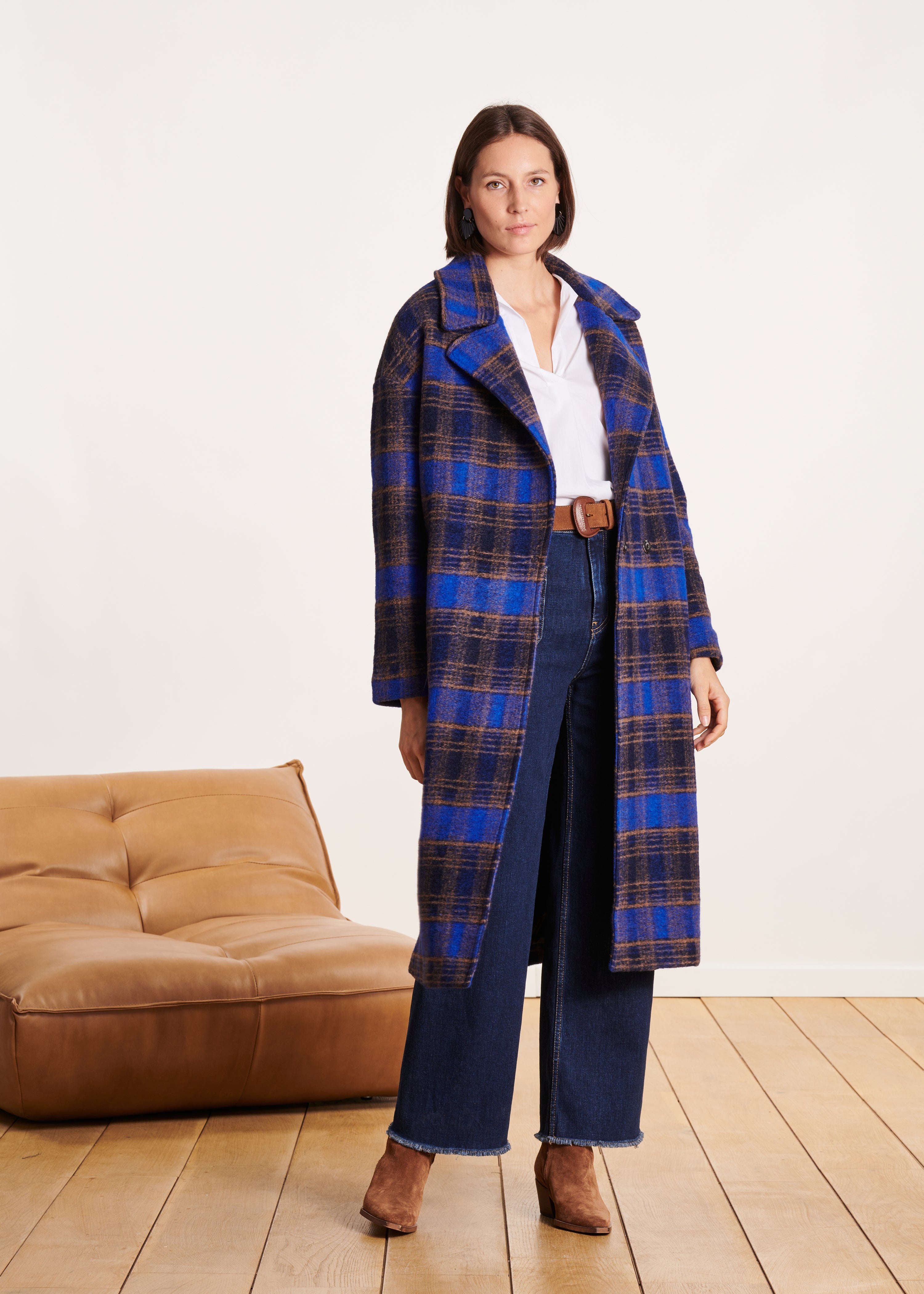 Long blue checked coat