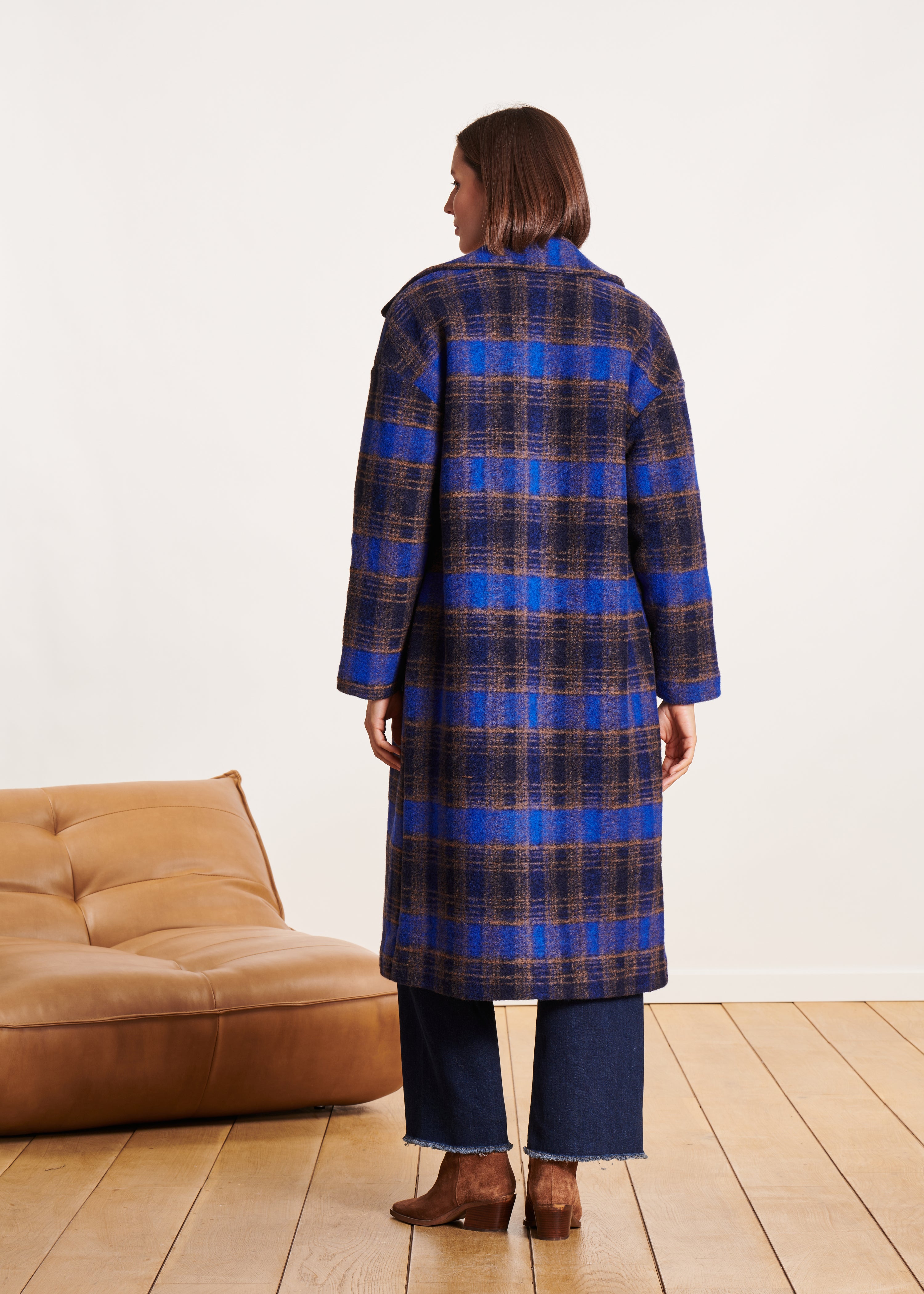 Long blue checked coat