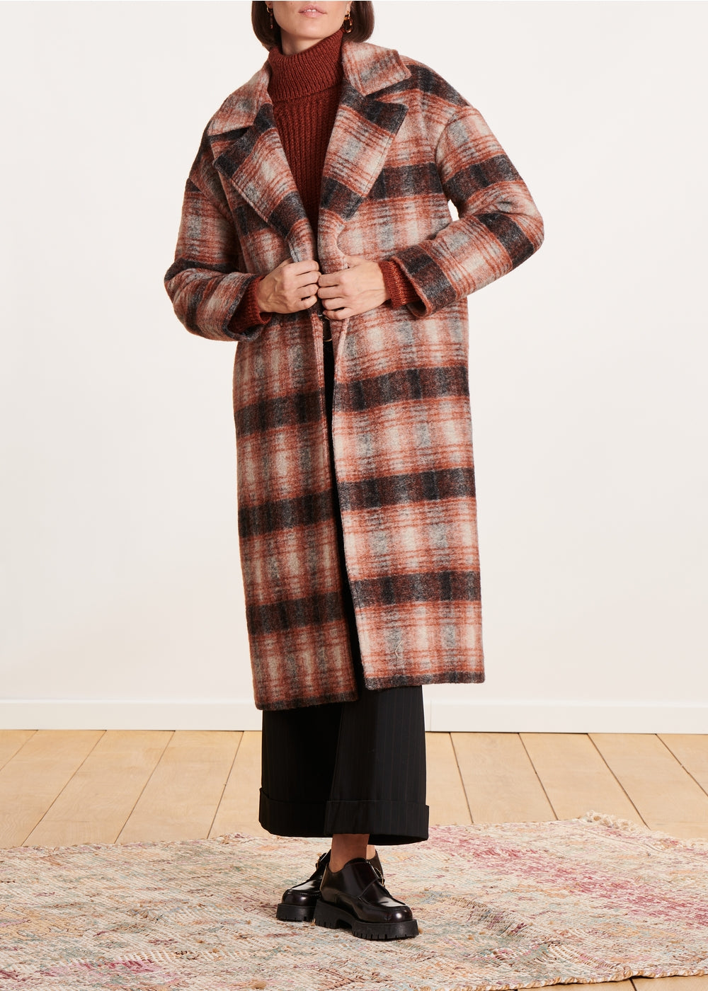 Long terracotta checked coat