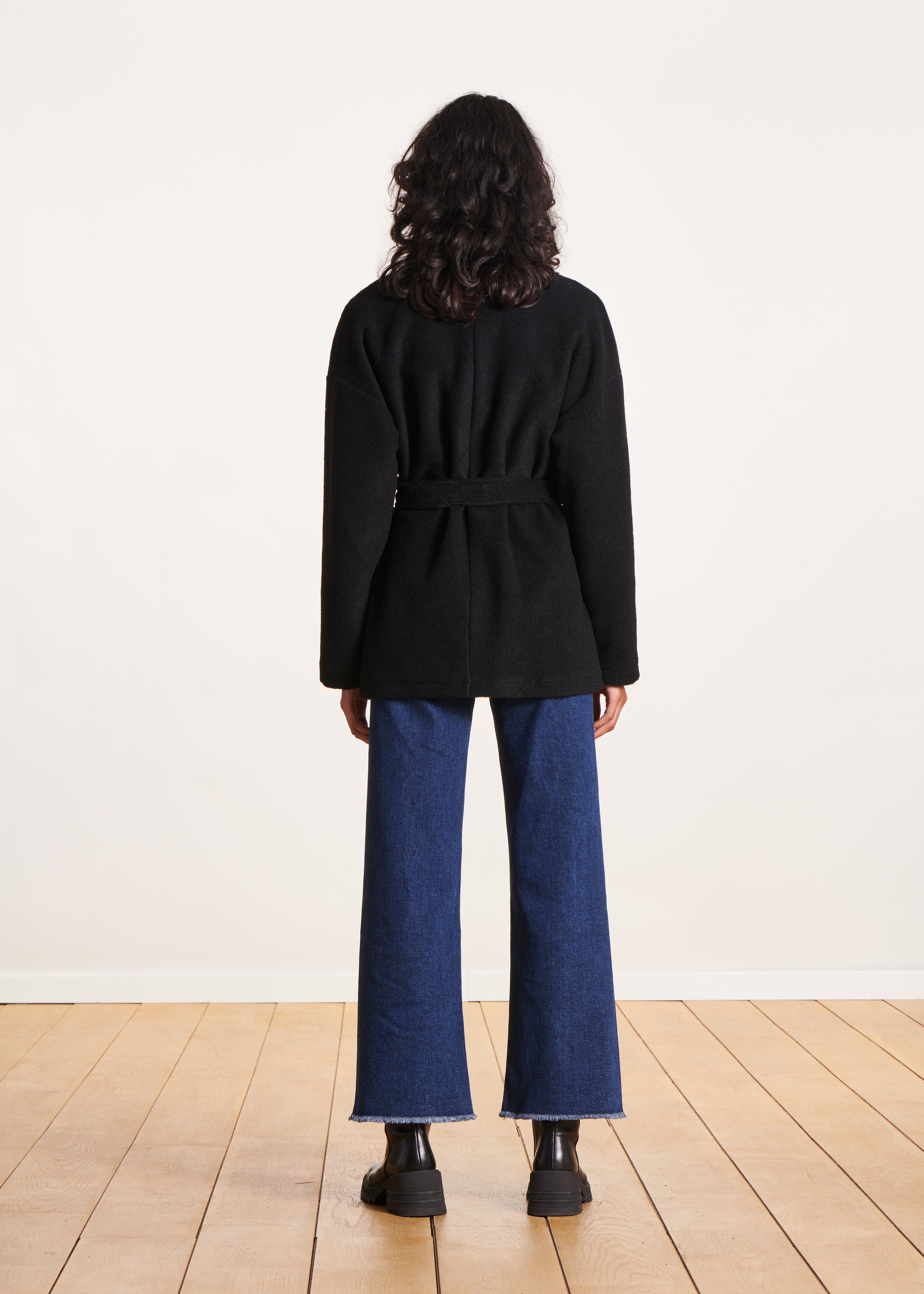 Short black belted wool coat