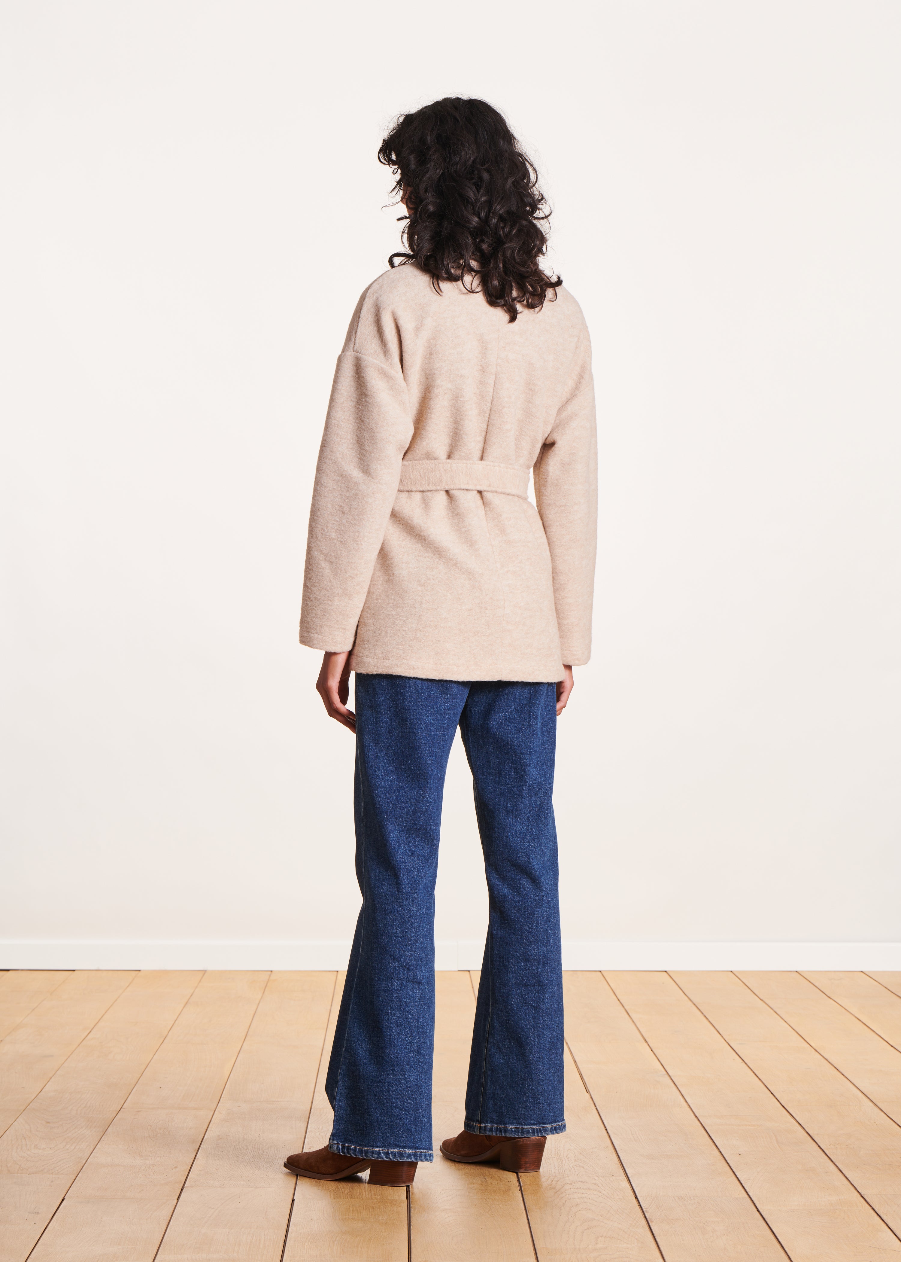 Short ecru belted wool coat