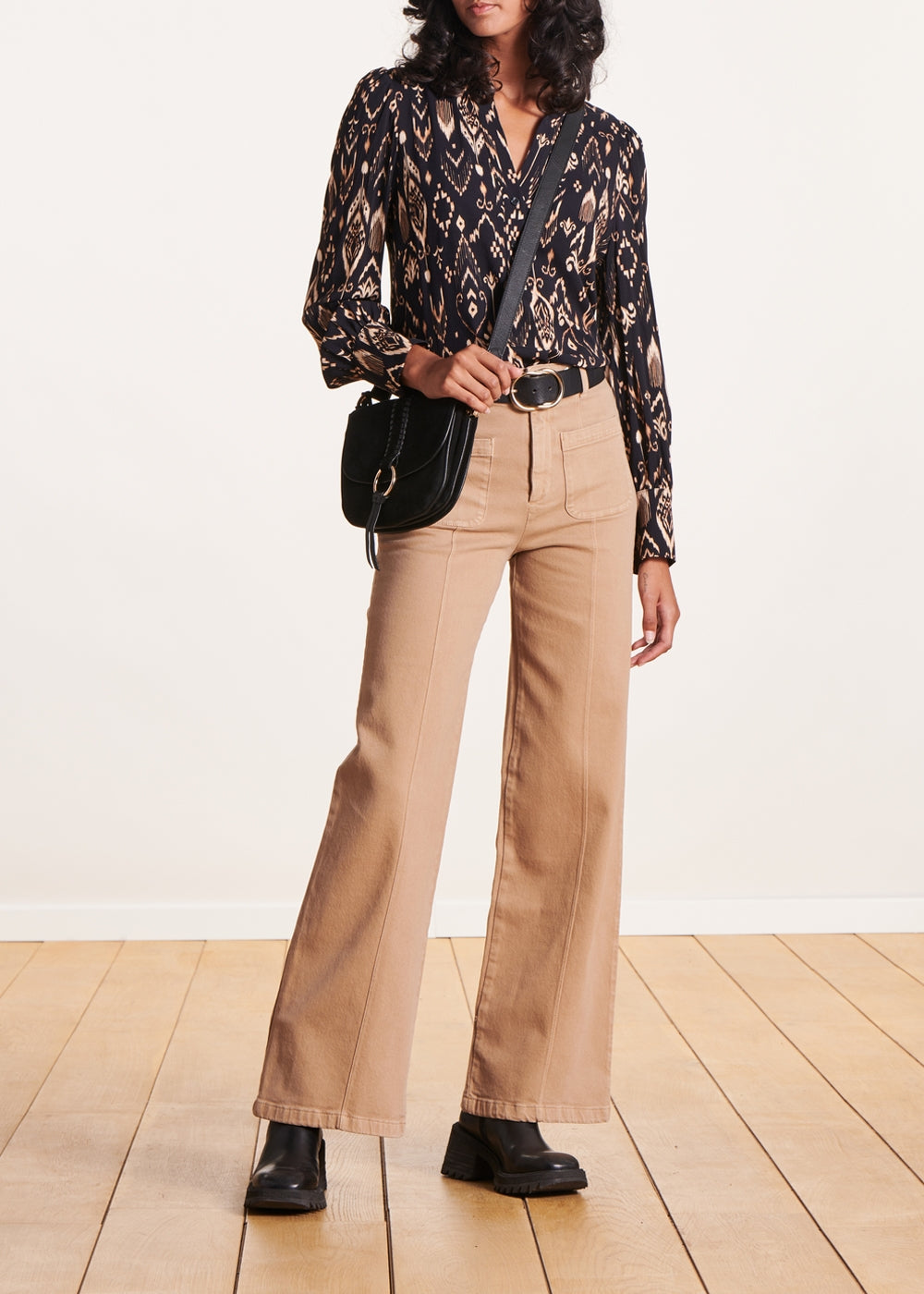 Jean ancho beige de talle alto en algodón orgánico