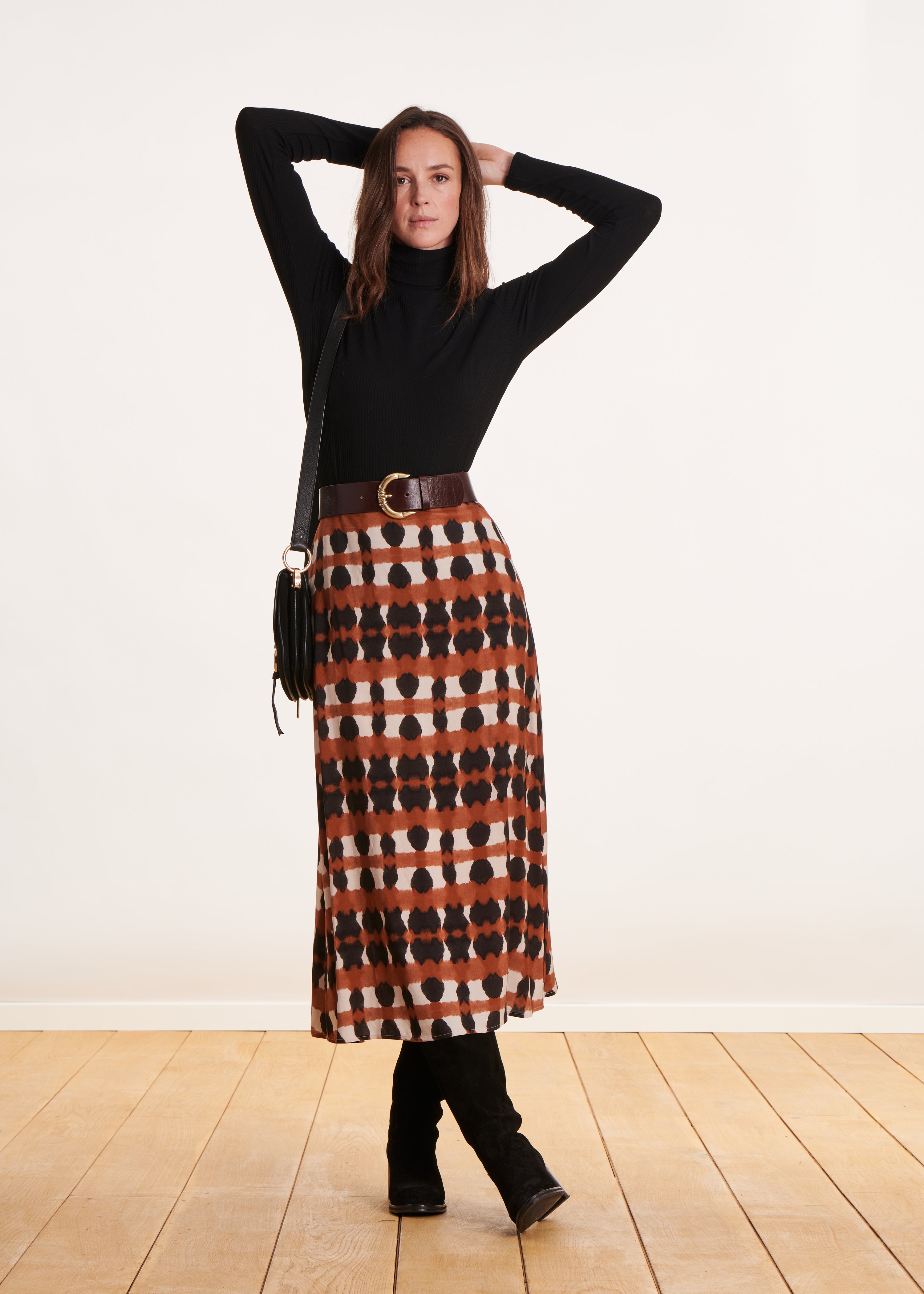 Printed terracotta flared midi skirt