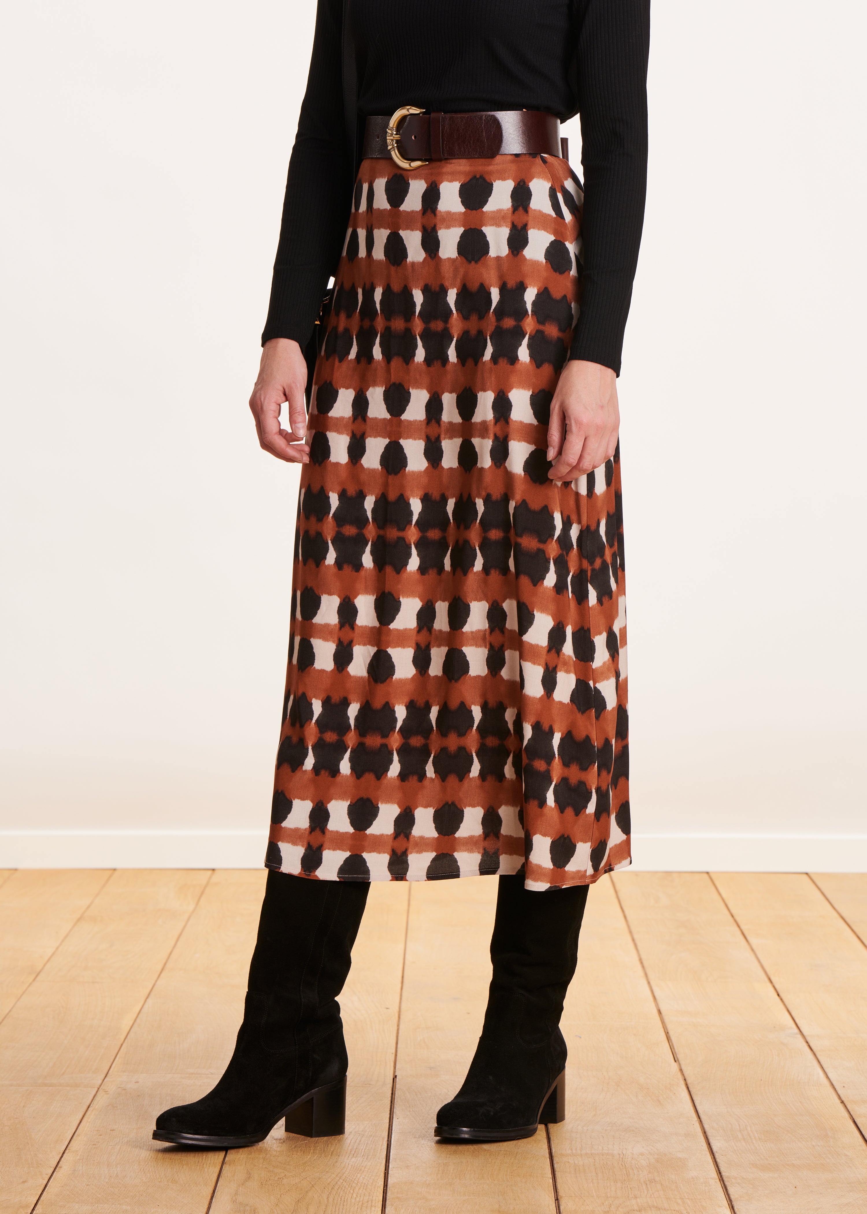 Printed terracotta flared midi skirt