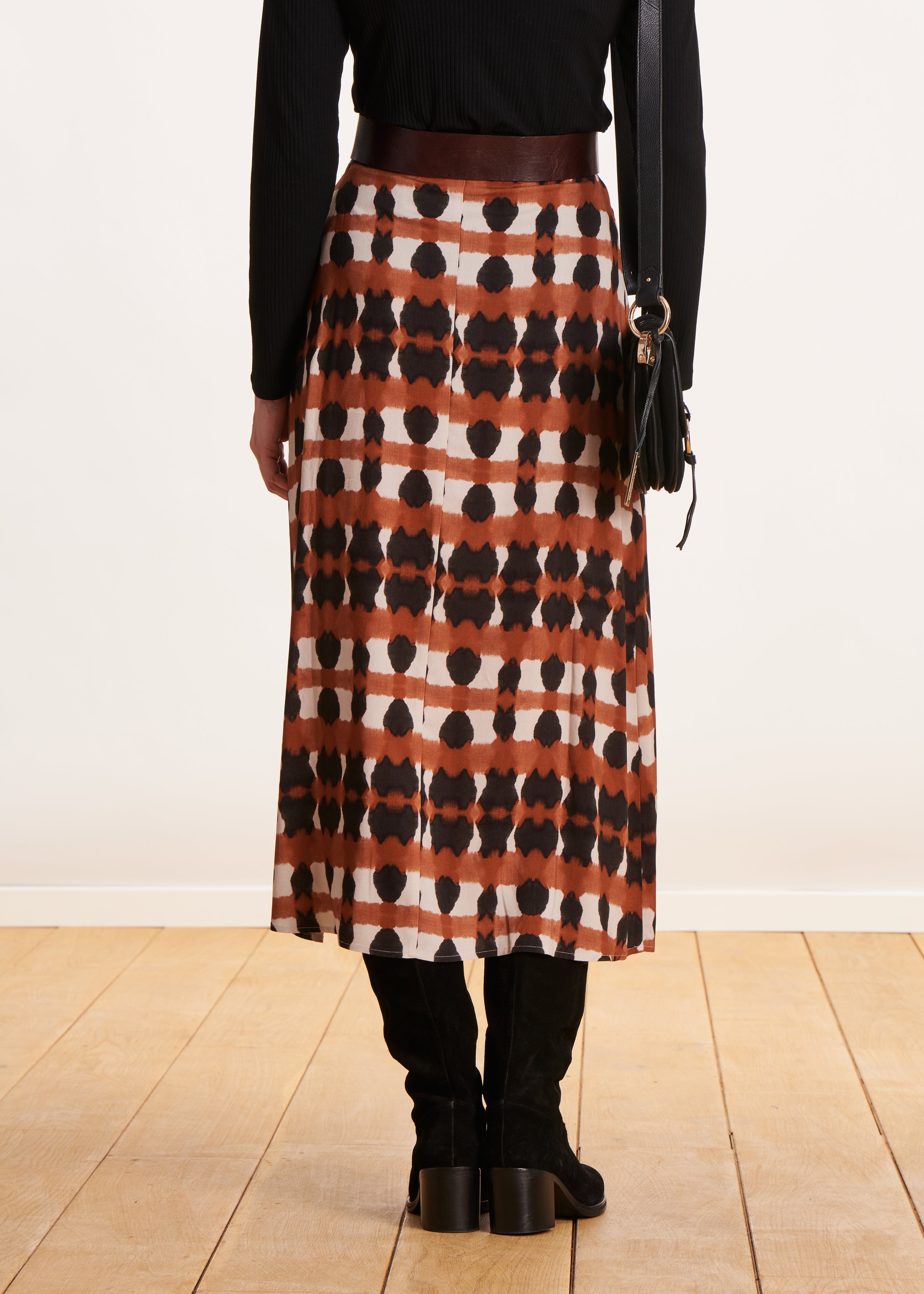 Printed terracotta flared midi skirt