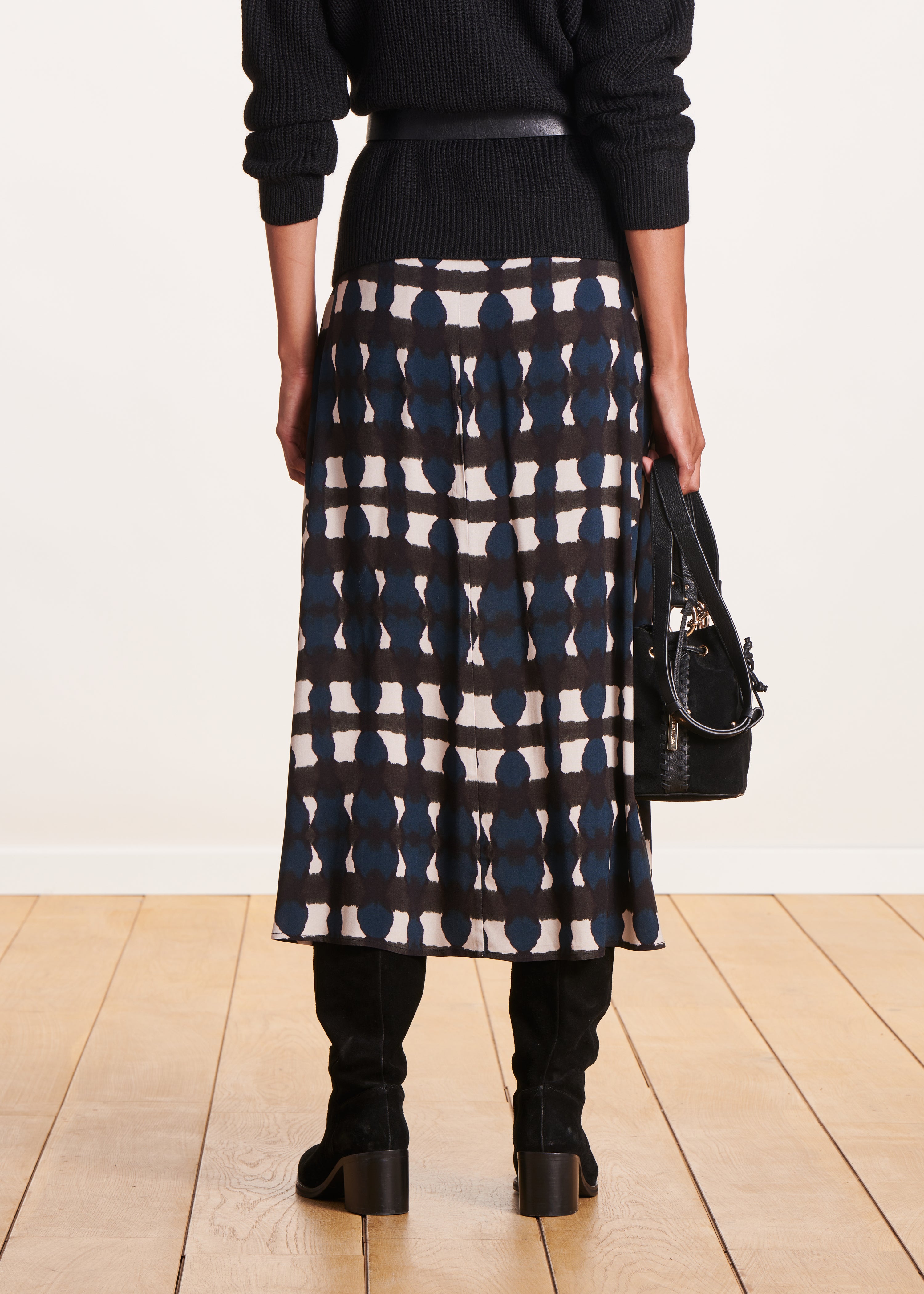 Blue printed flared midi skirt