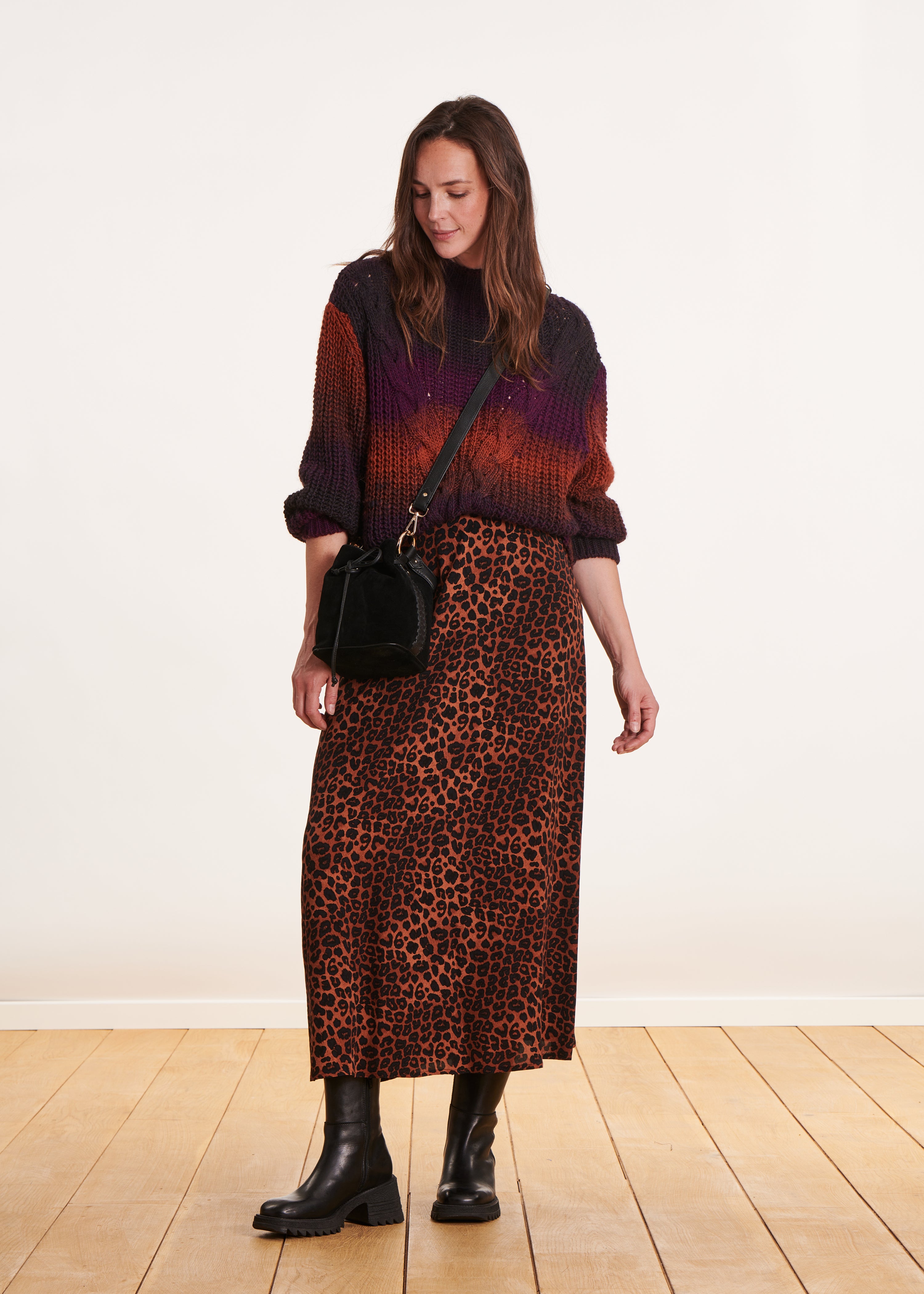 Terracotta leopard print flared midi skirt