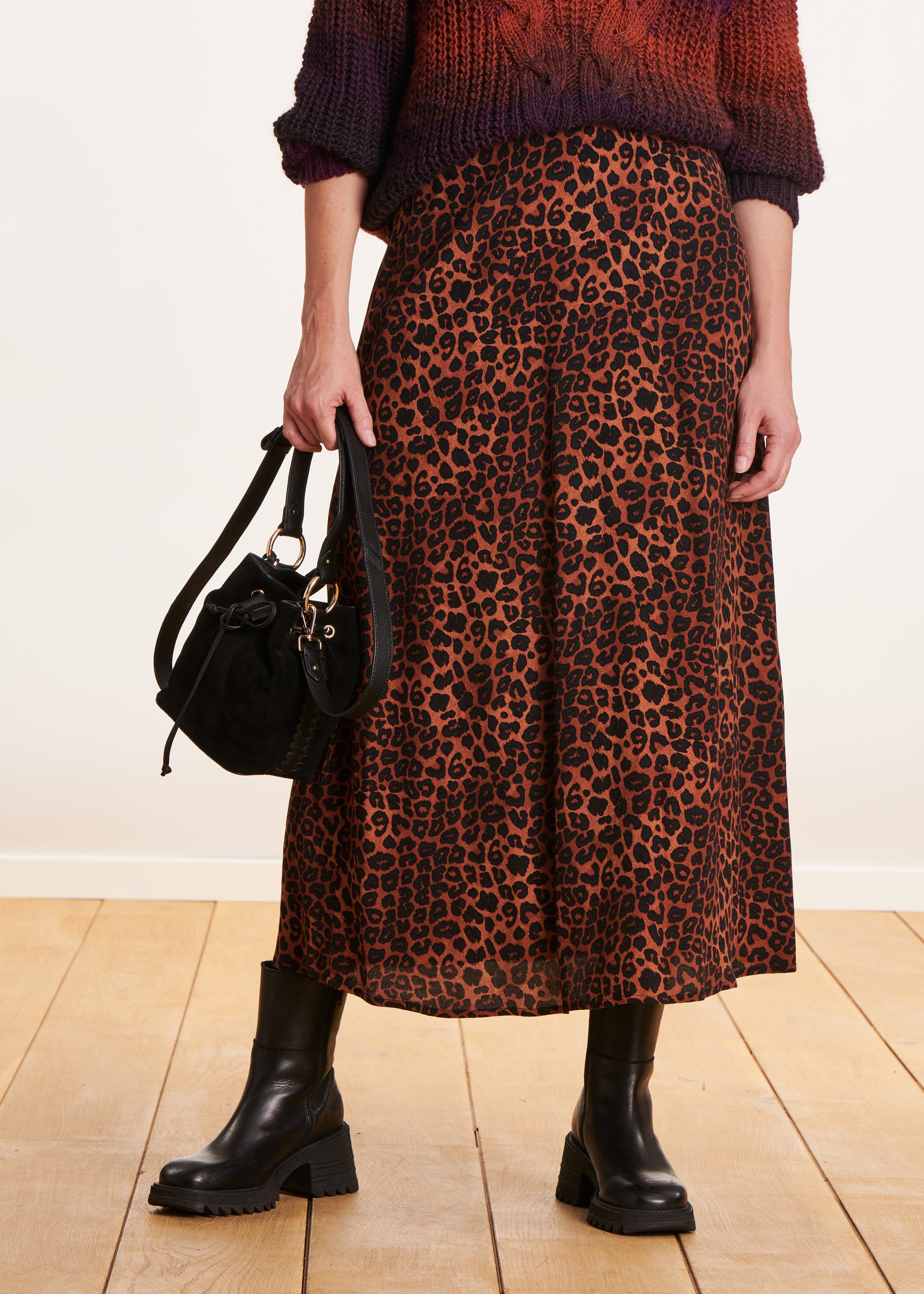 Terracotta leopard print flared midi skirt