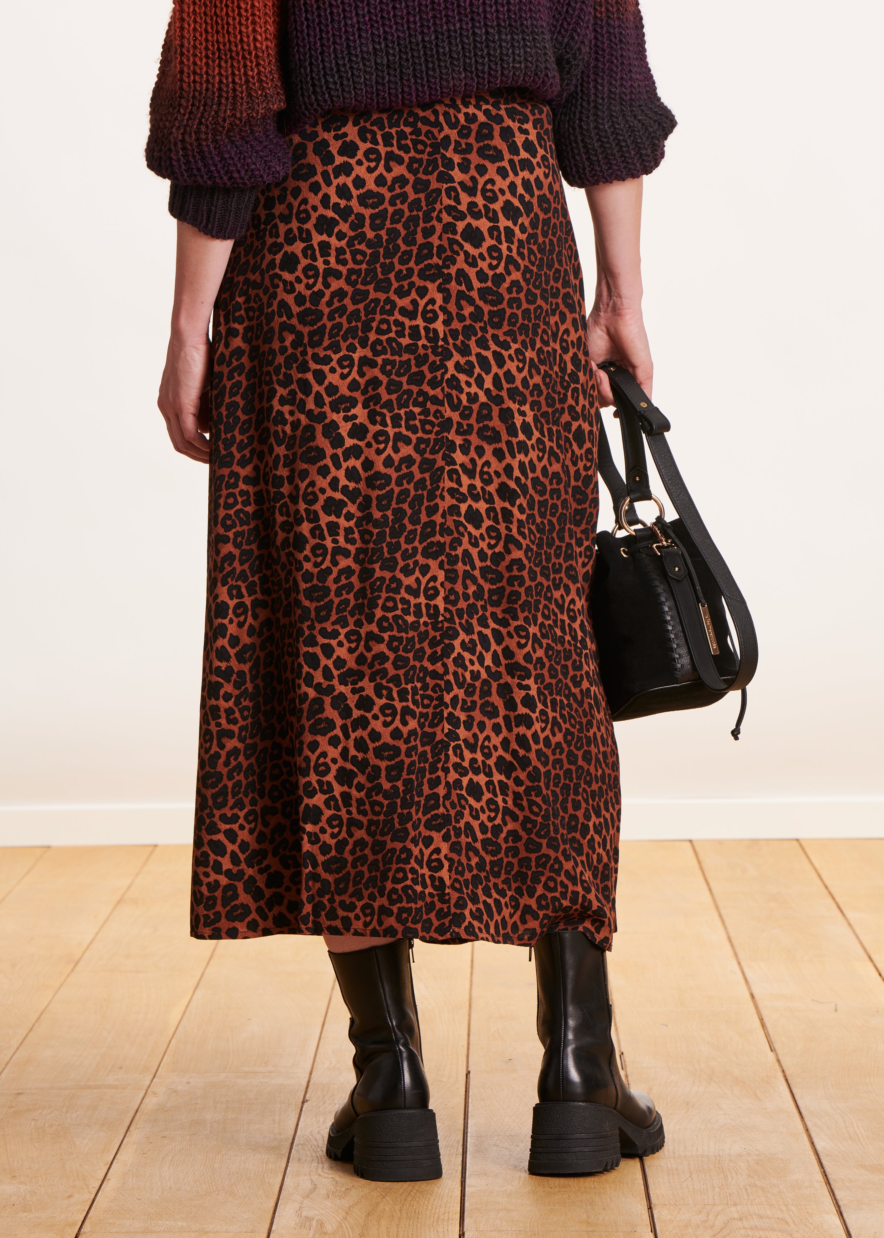 Terracotta leopard print flared midi skirt