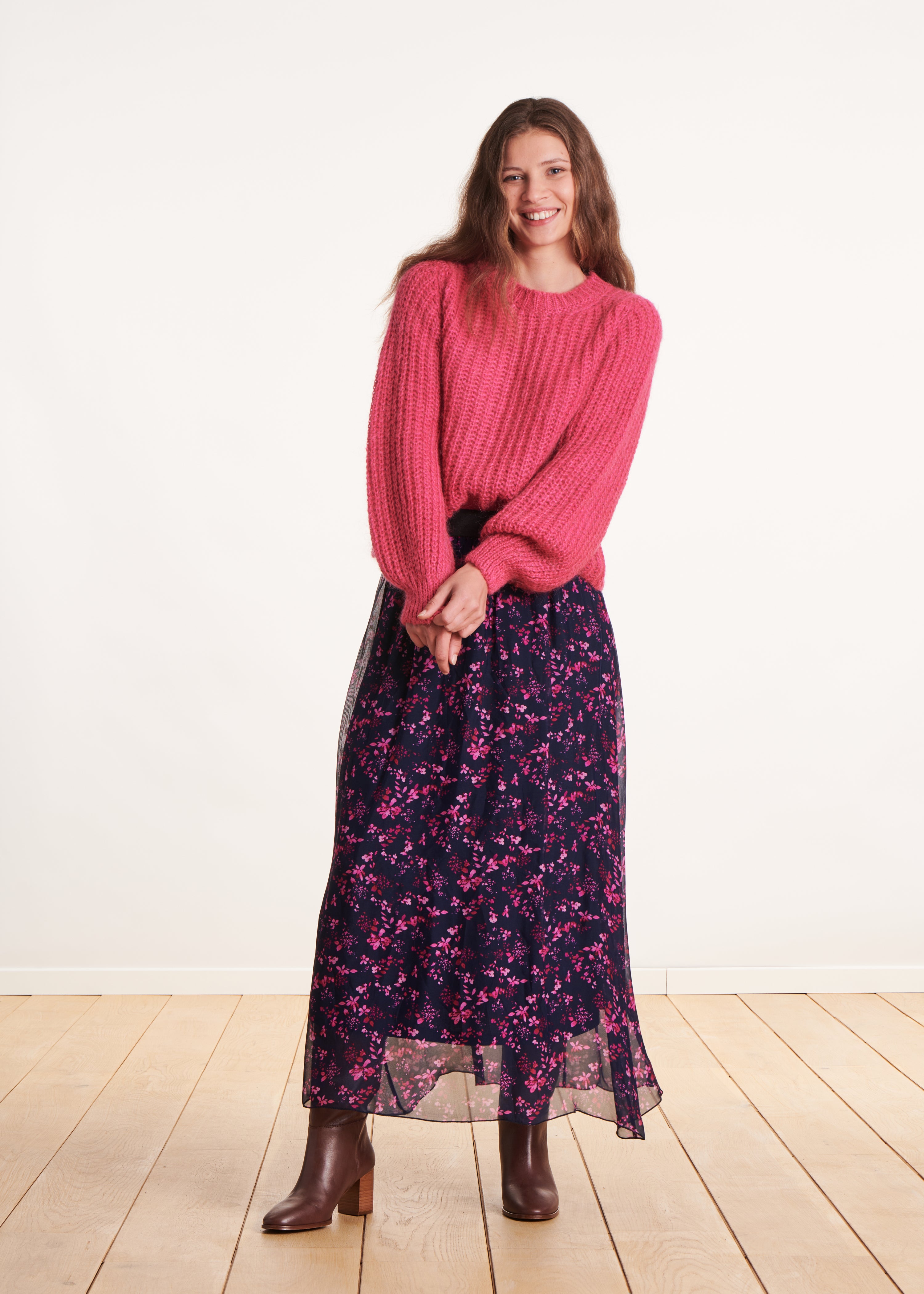 Long skirt in blue and purple floral print voile