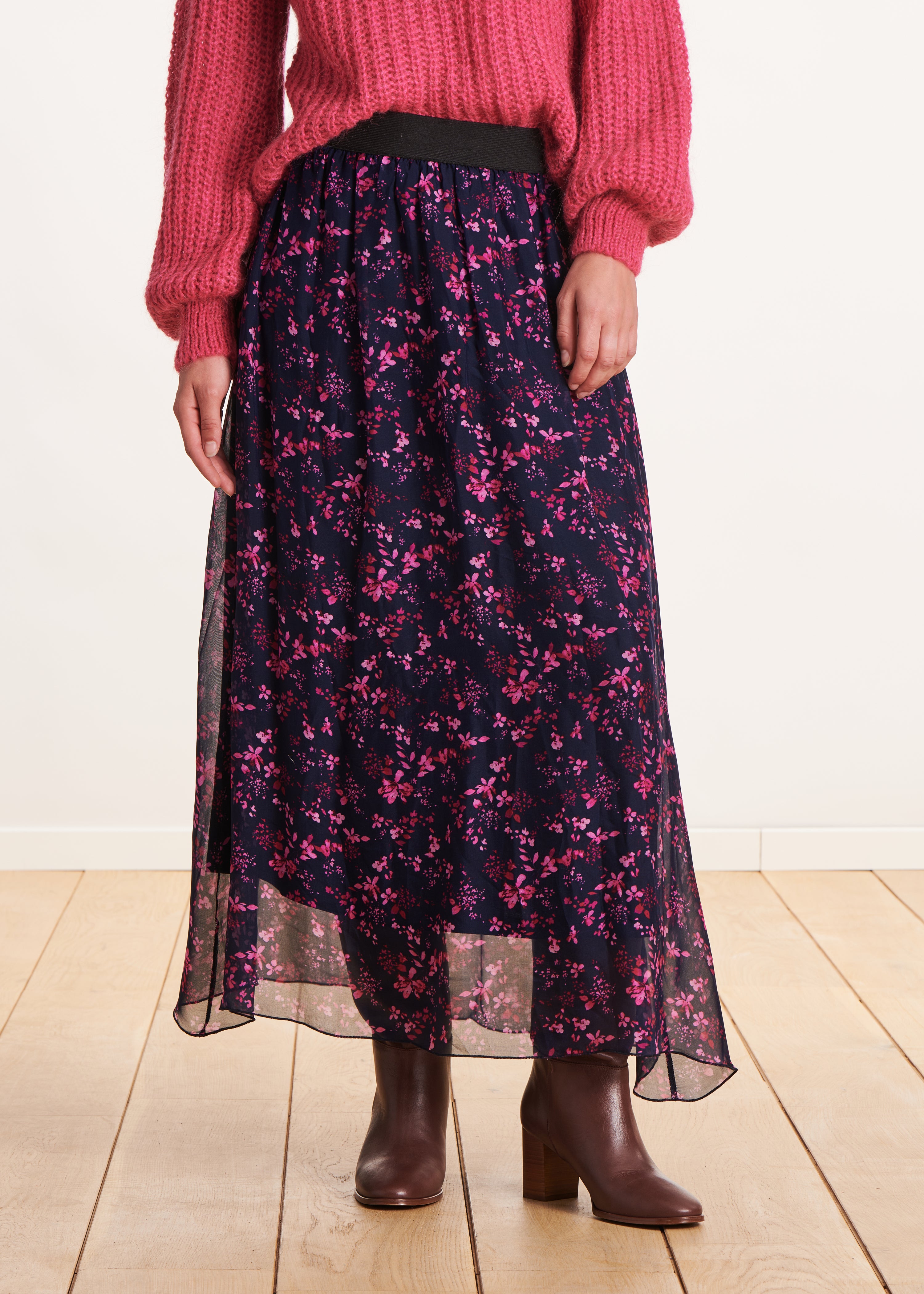 Long skirt in blue and purple floral print voile