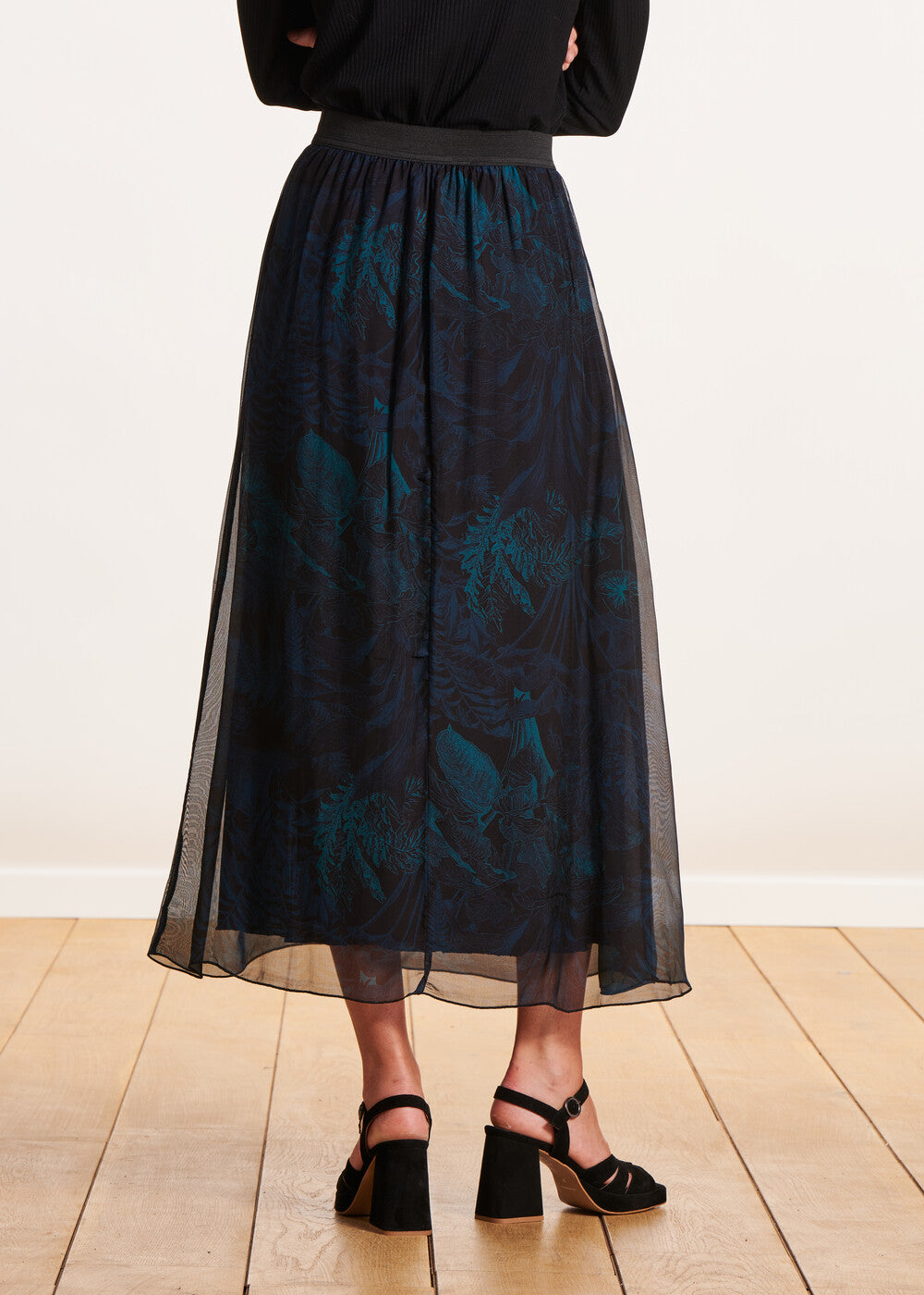 Long flowing skirt with black and blue print