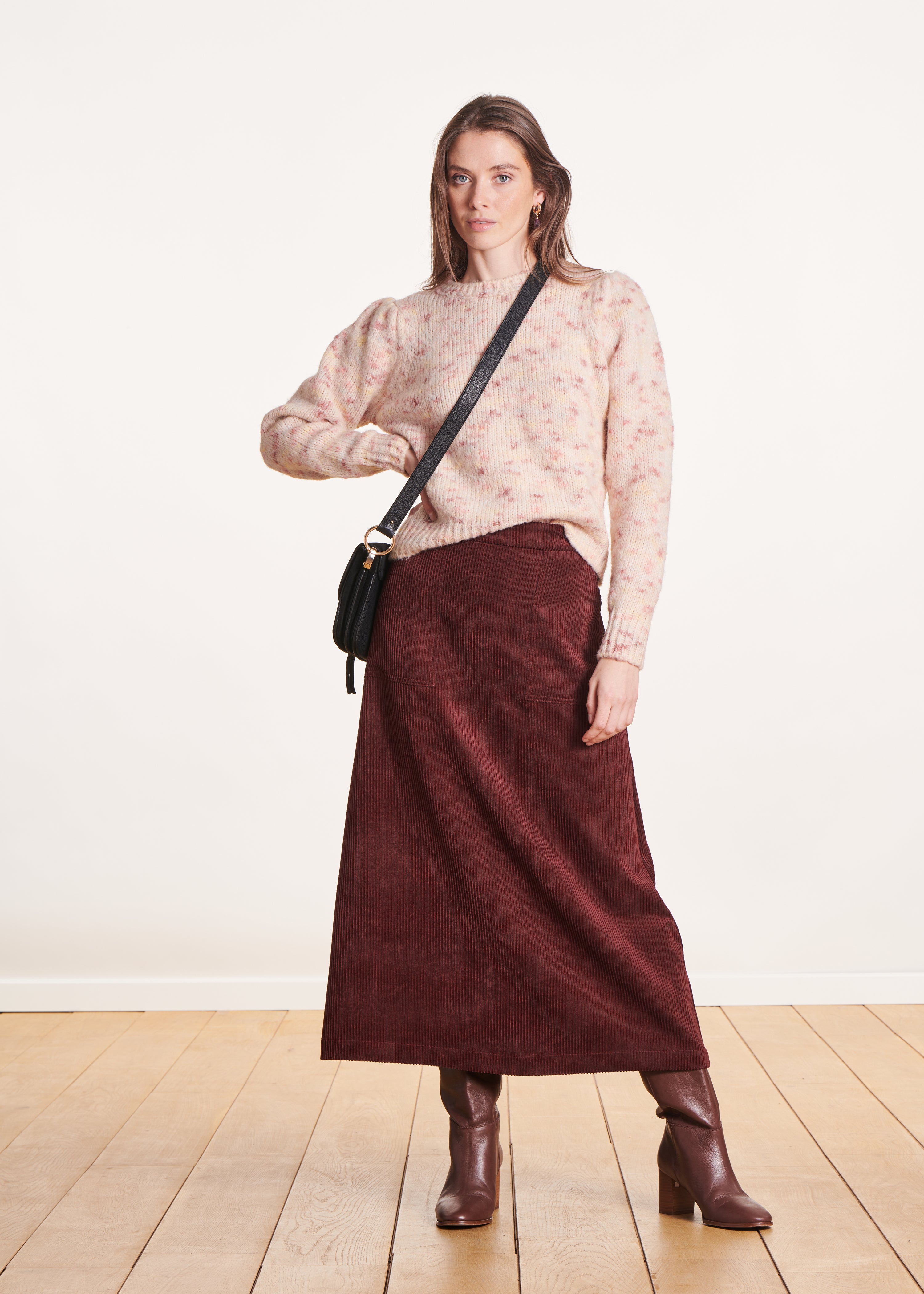 Burgundy velvet flared mid-length skirt