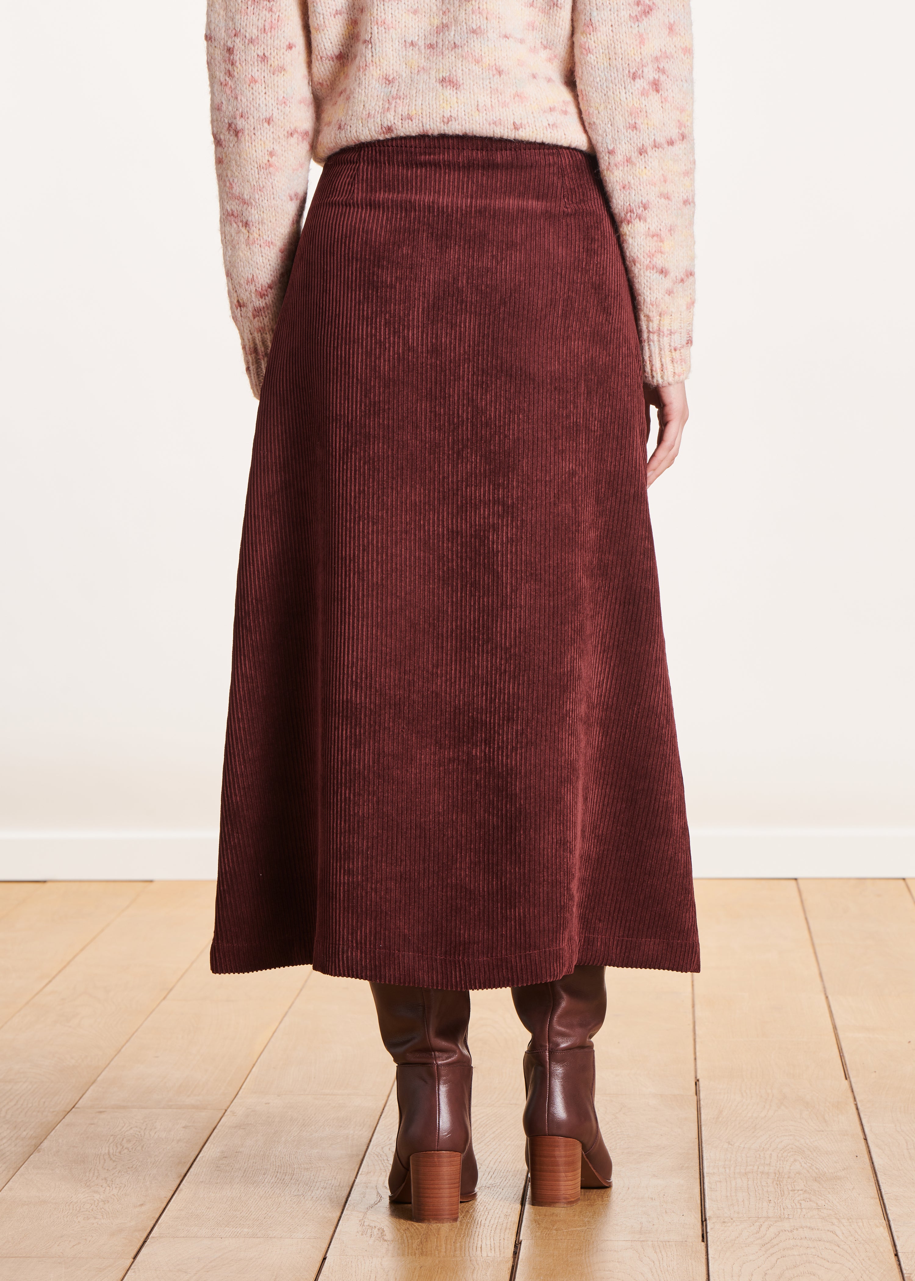 Burgundy velvet flared mid-length skirt