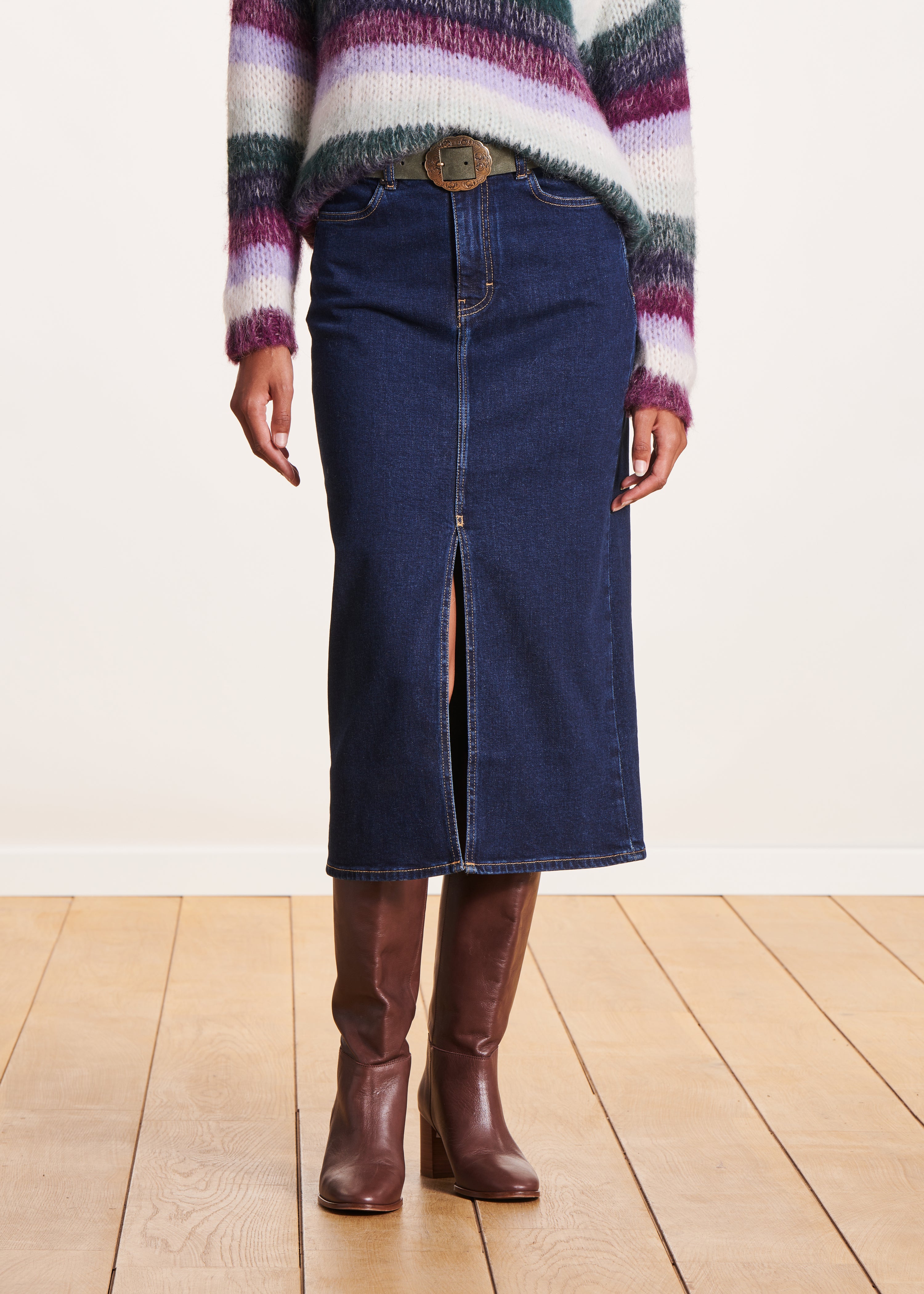 Organic cotton raw denim mid-length skirt