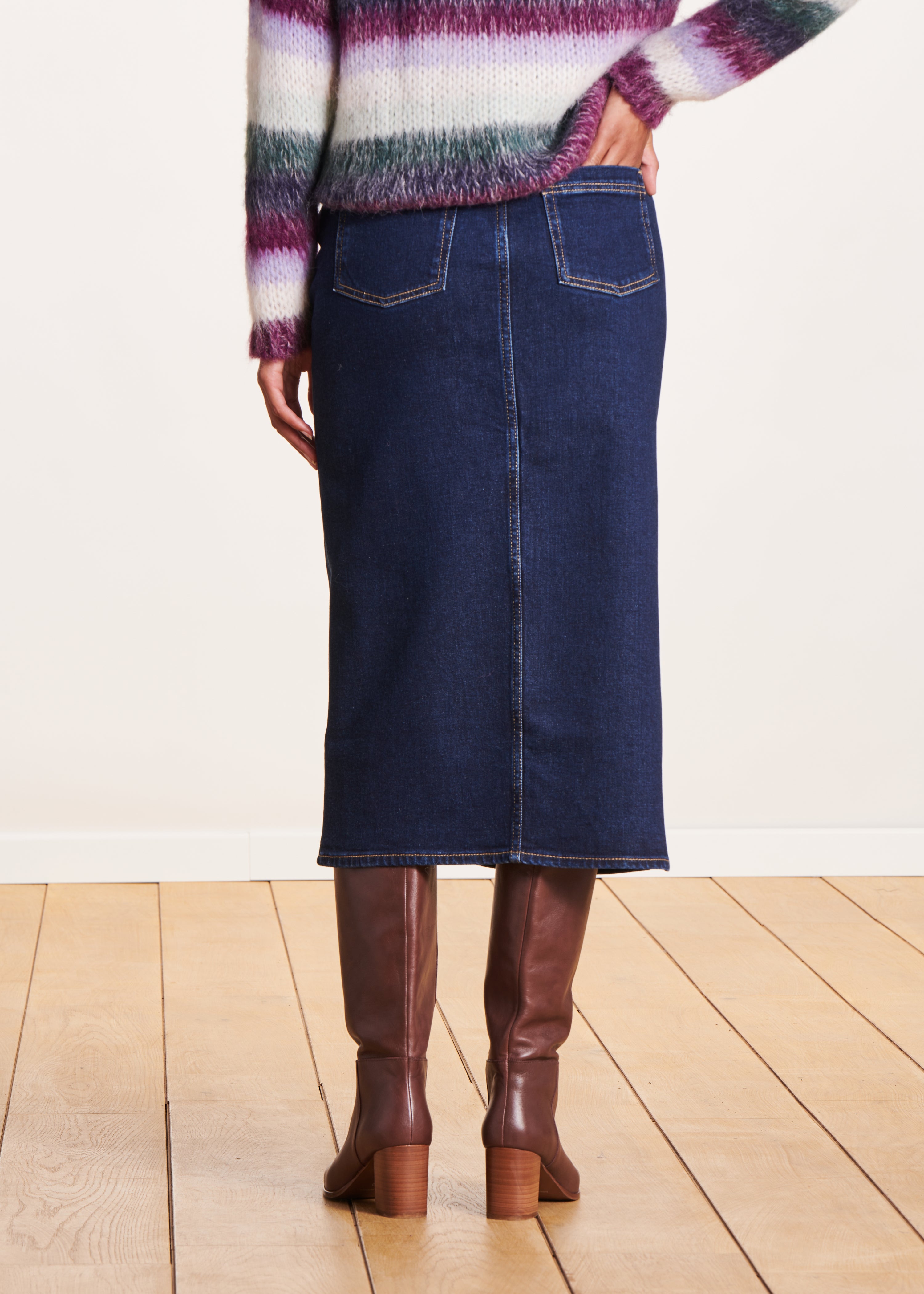 Organic cotton raw denim mid-length skirt