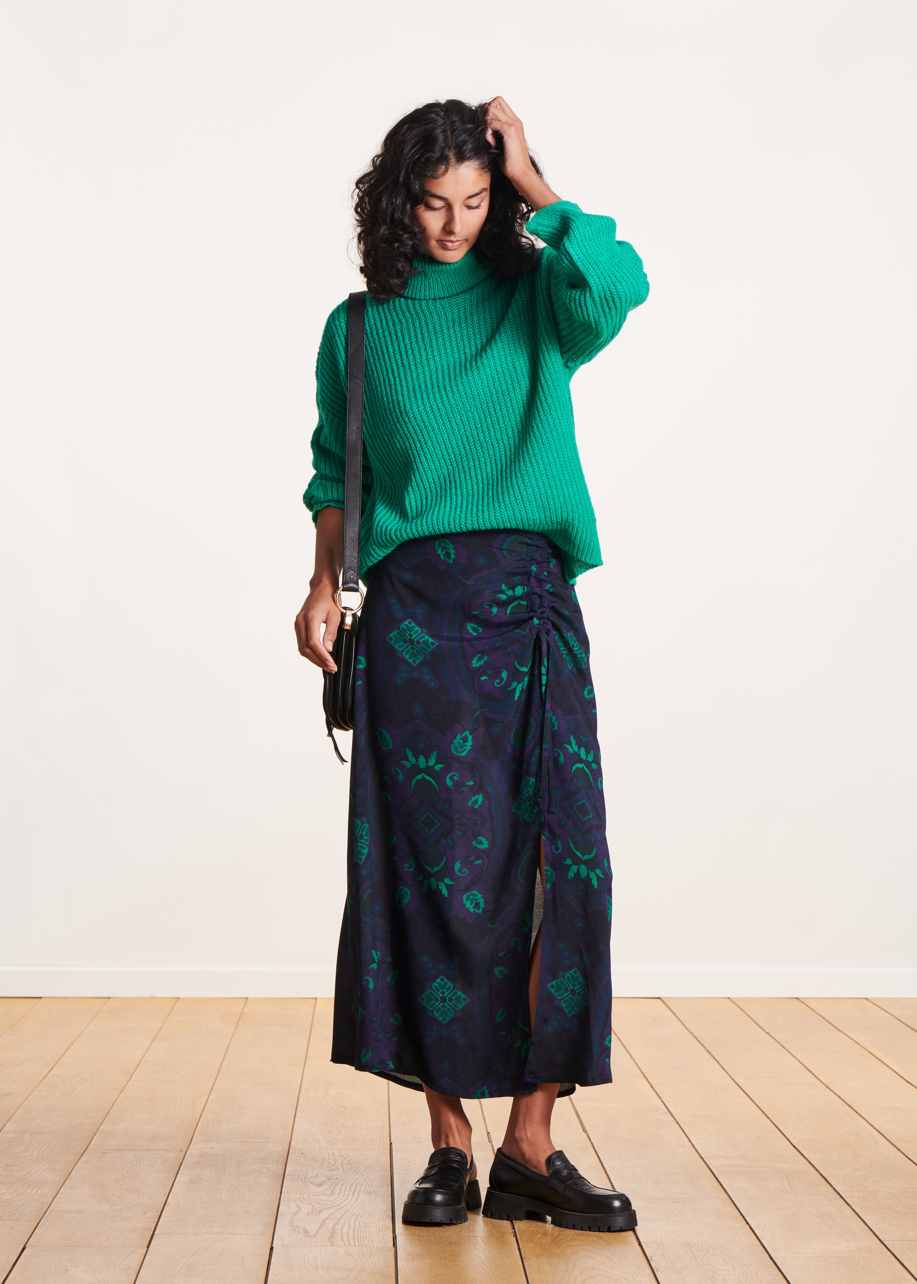 Blue and green printed draped long skirt