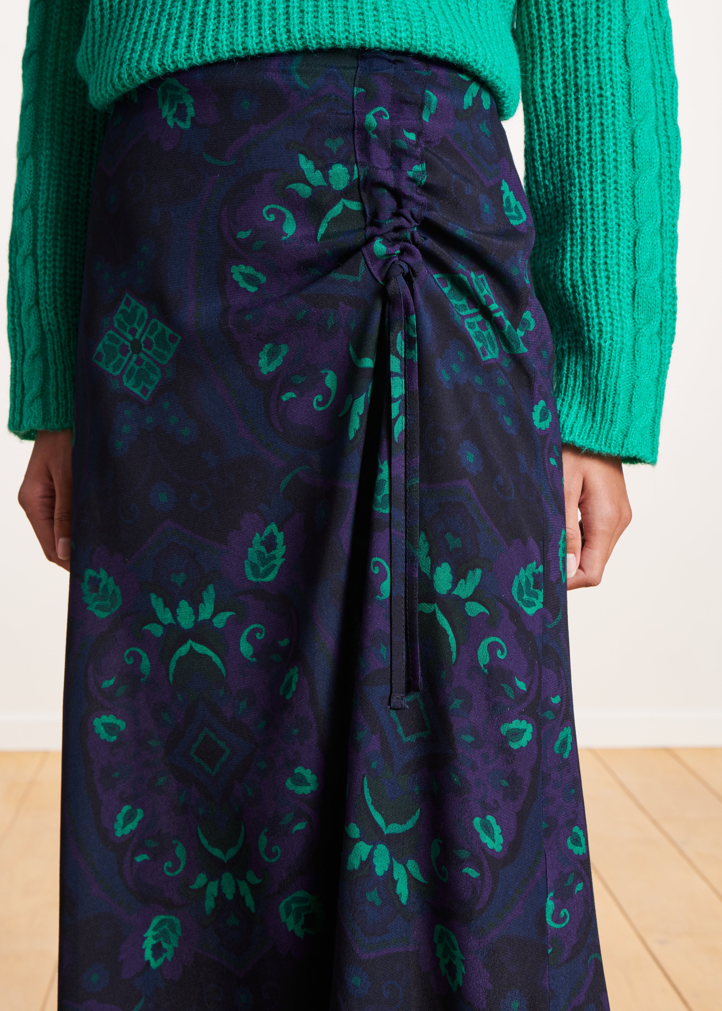 Blue and green printed draped long skirt