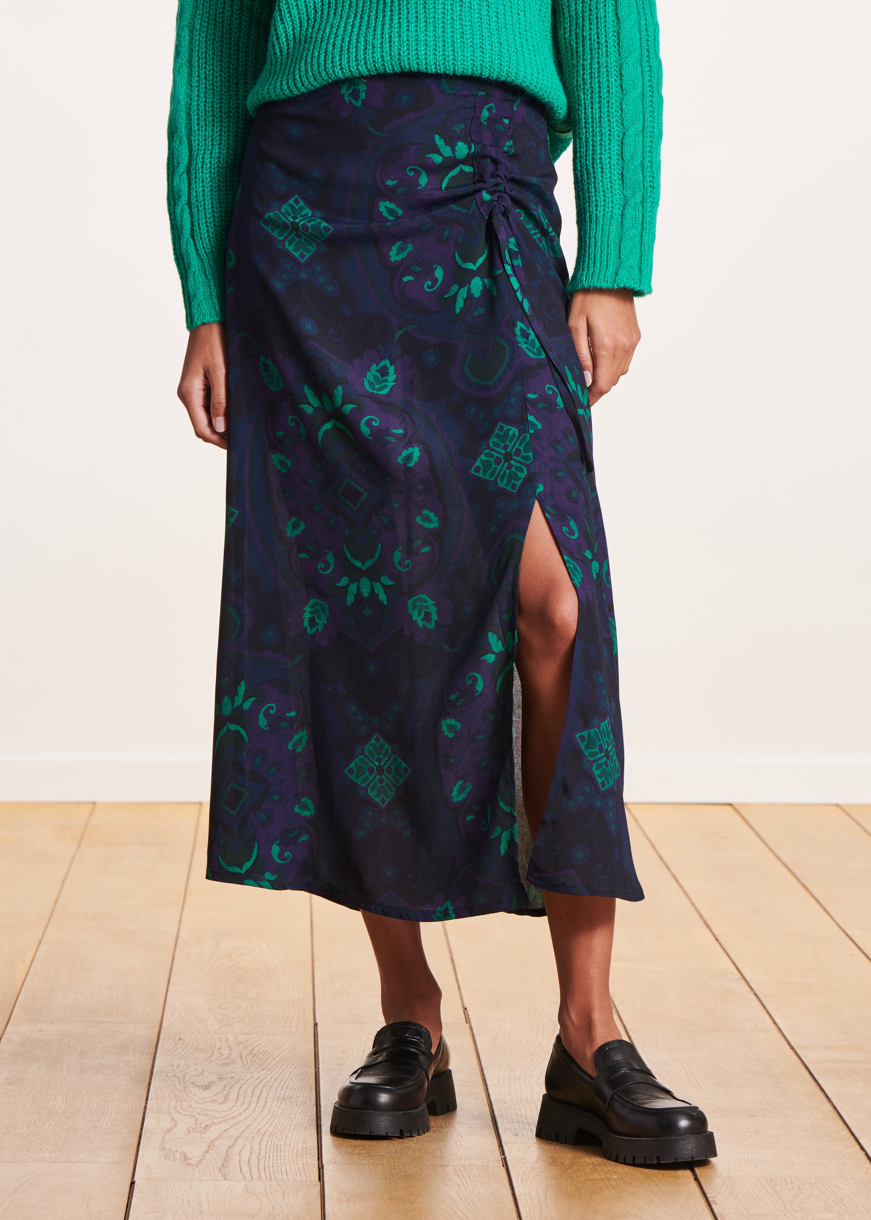 Blue and green printed draped long skirt