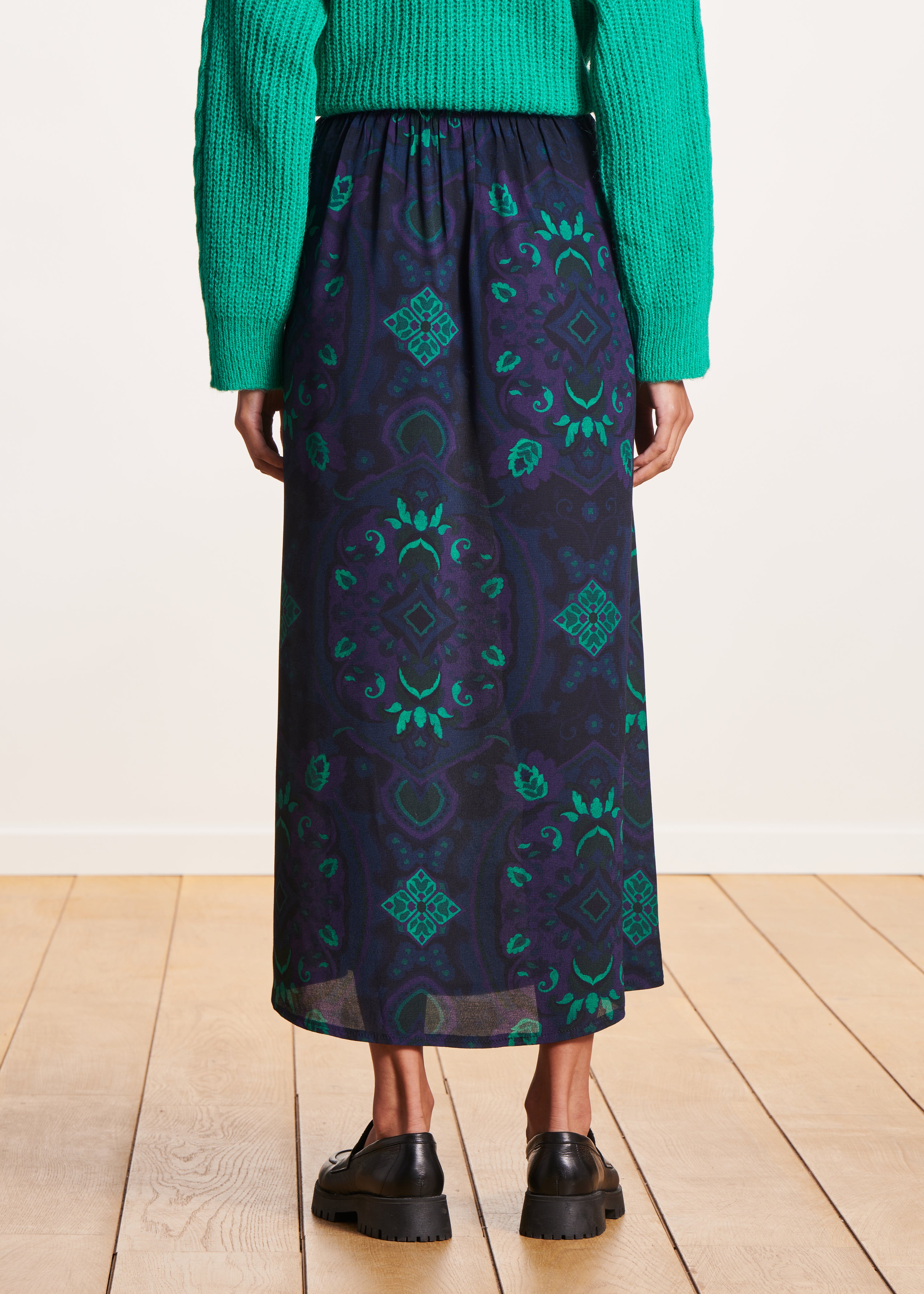 Blue and green printed draped long skirt