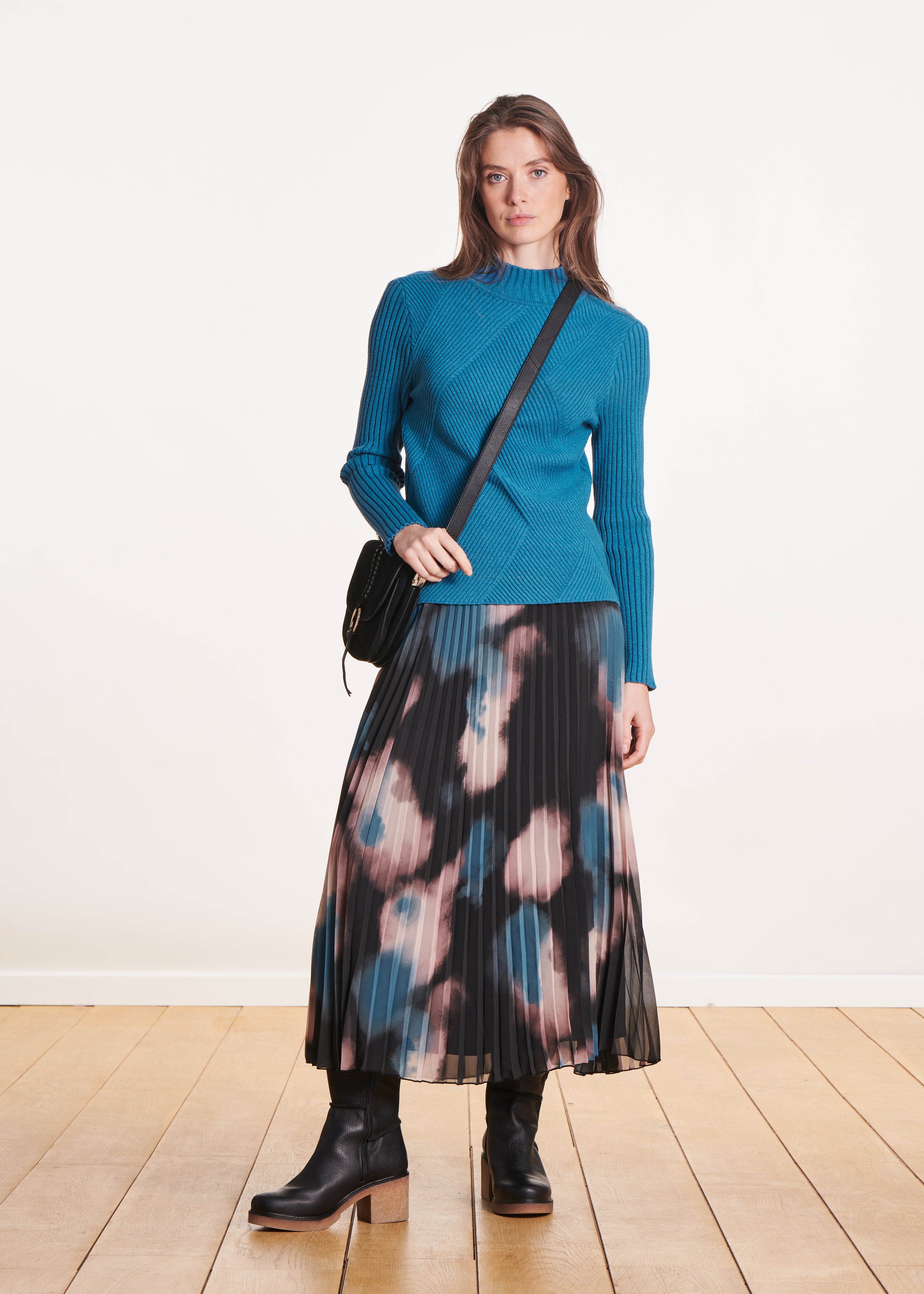 Pleated midi skirt in tie & dye printed voile