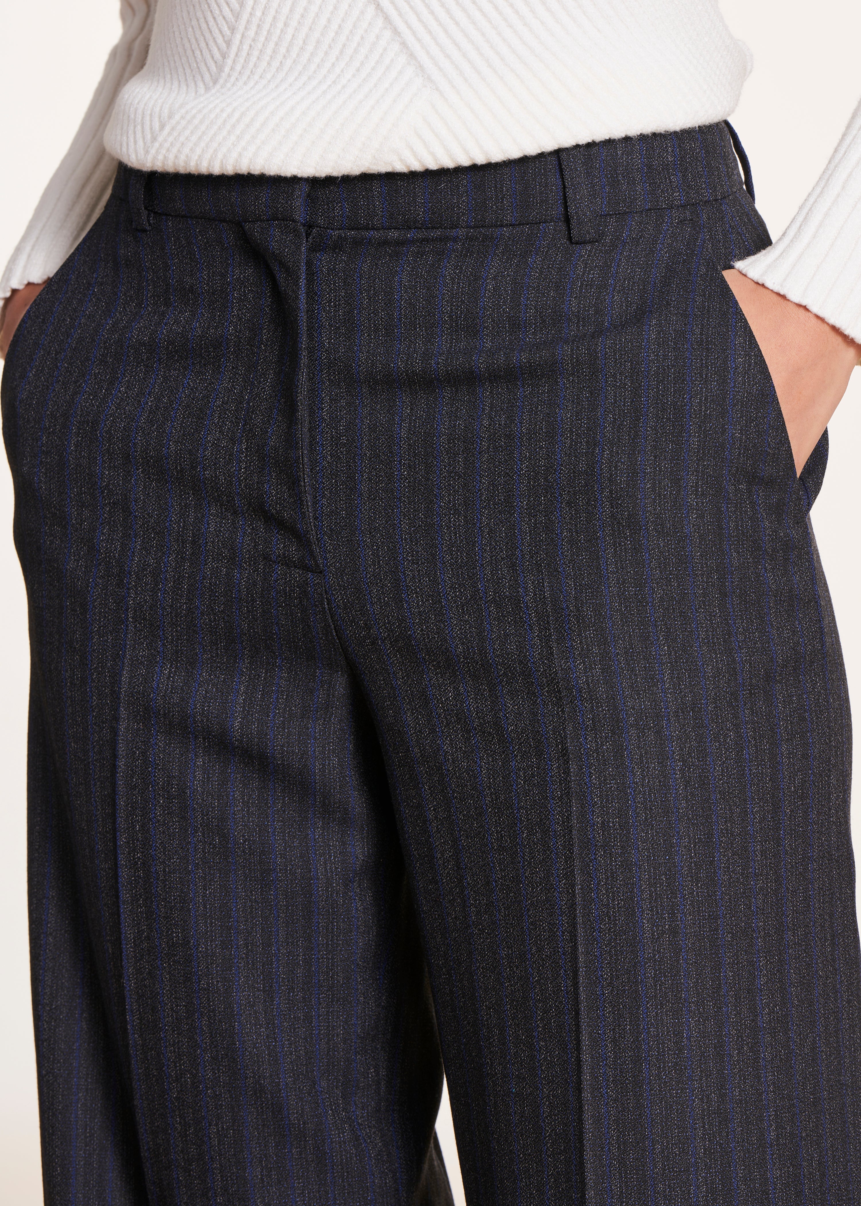 High-waisted black and blue wide-leg pants