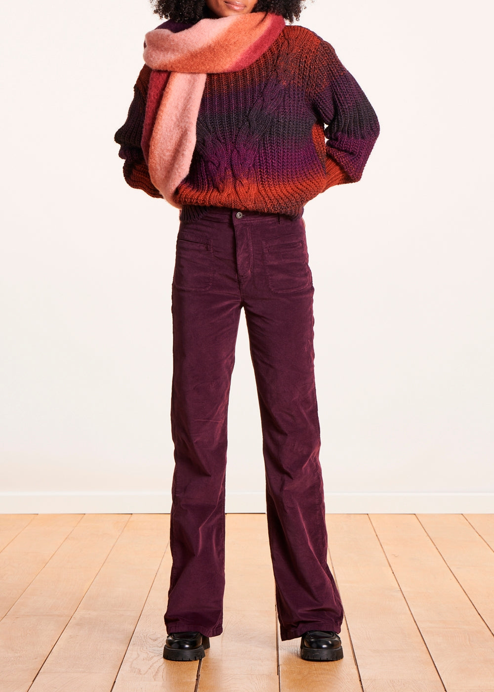 Pantalon prune taille haute en velours