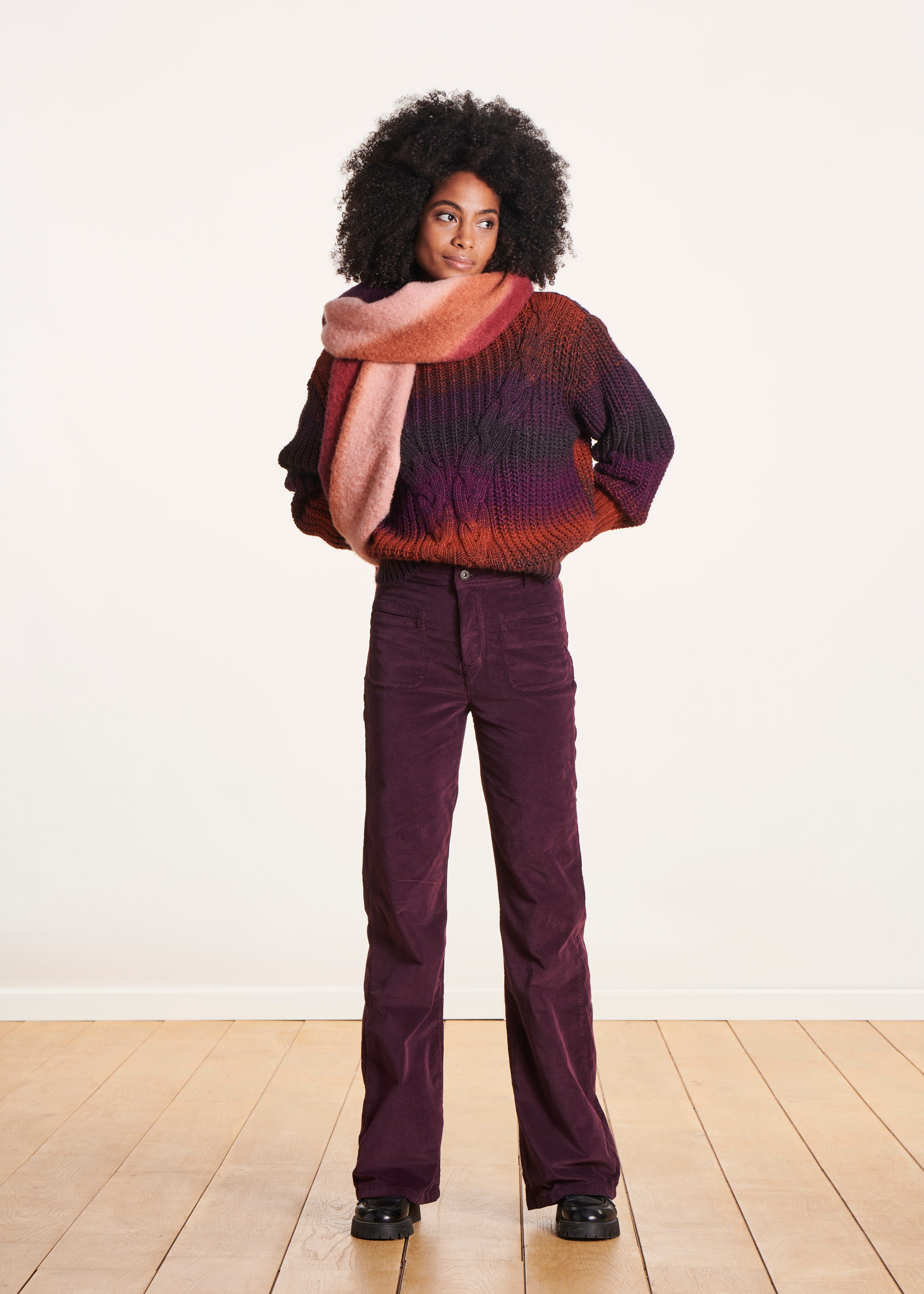 High-waisted plum velvet pants