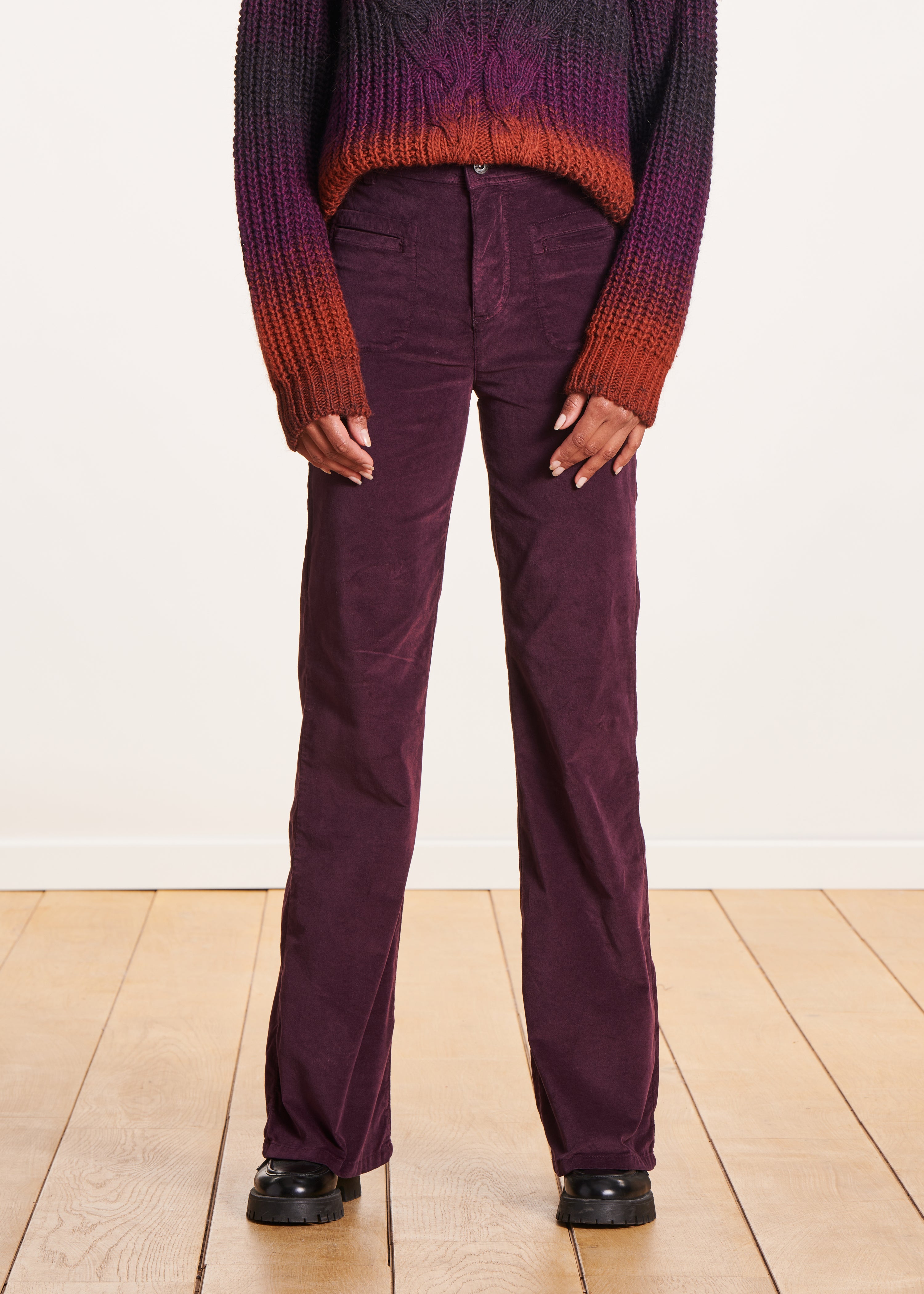 High-waisted plum velvet pants