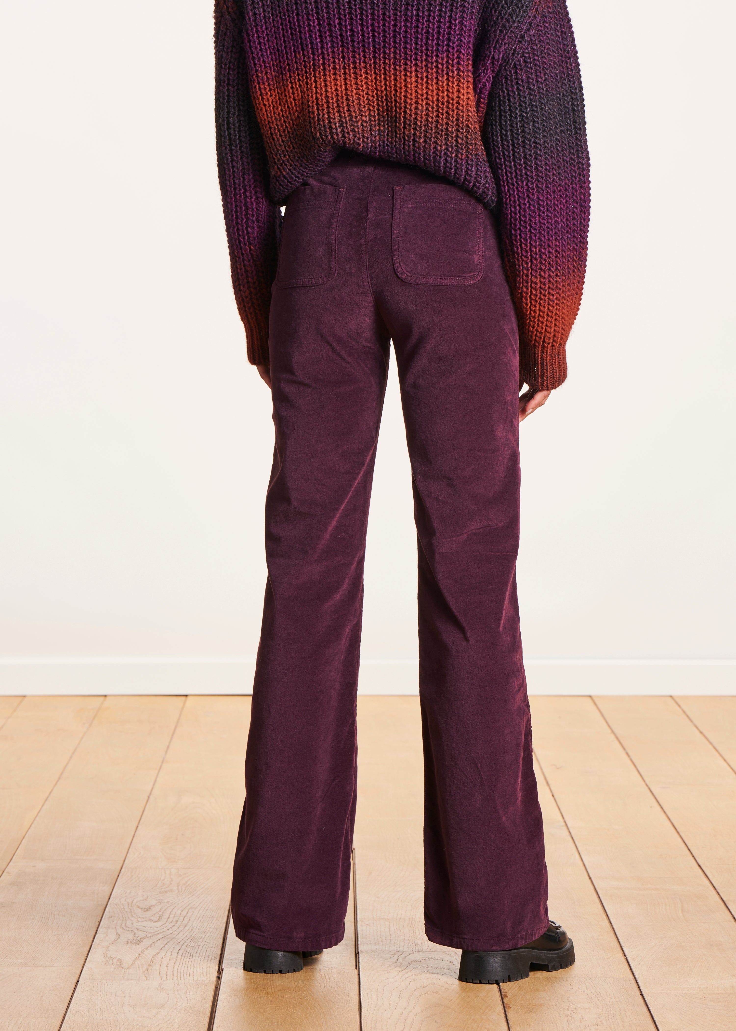 High-waisted plum velvet pants