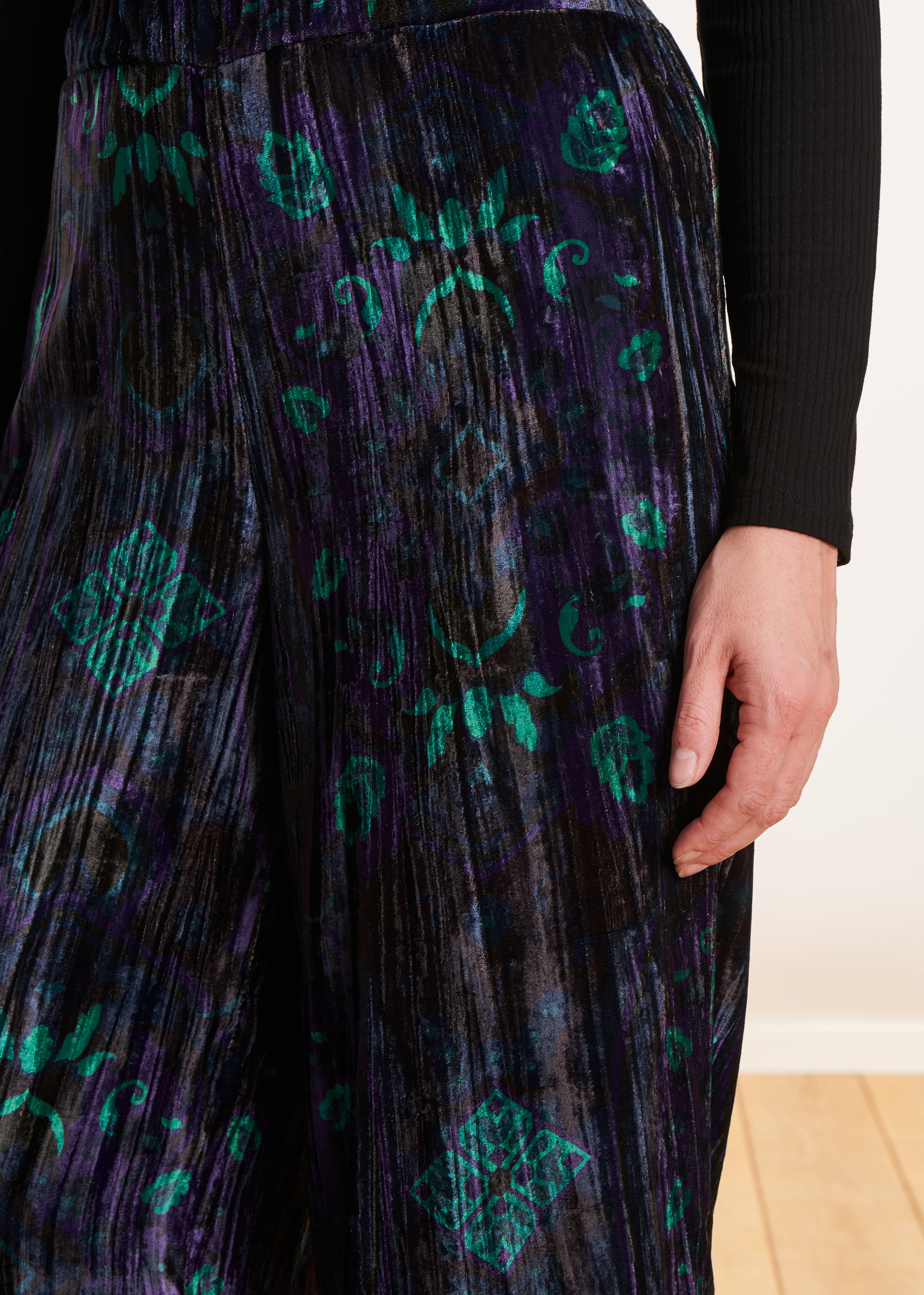 Blue and green velvet wide leg pants