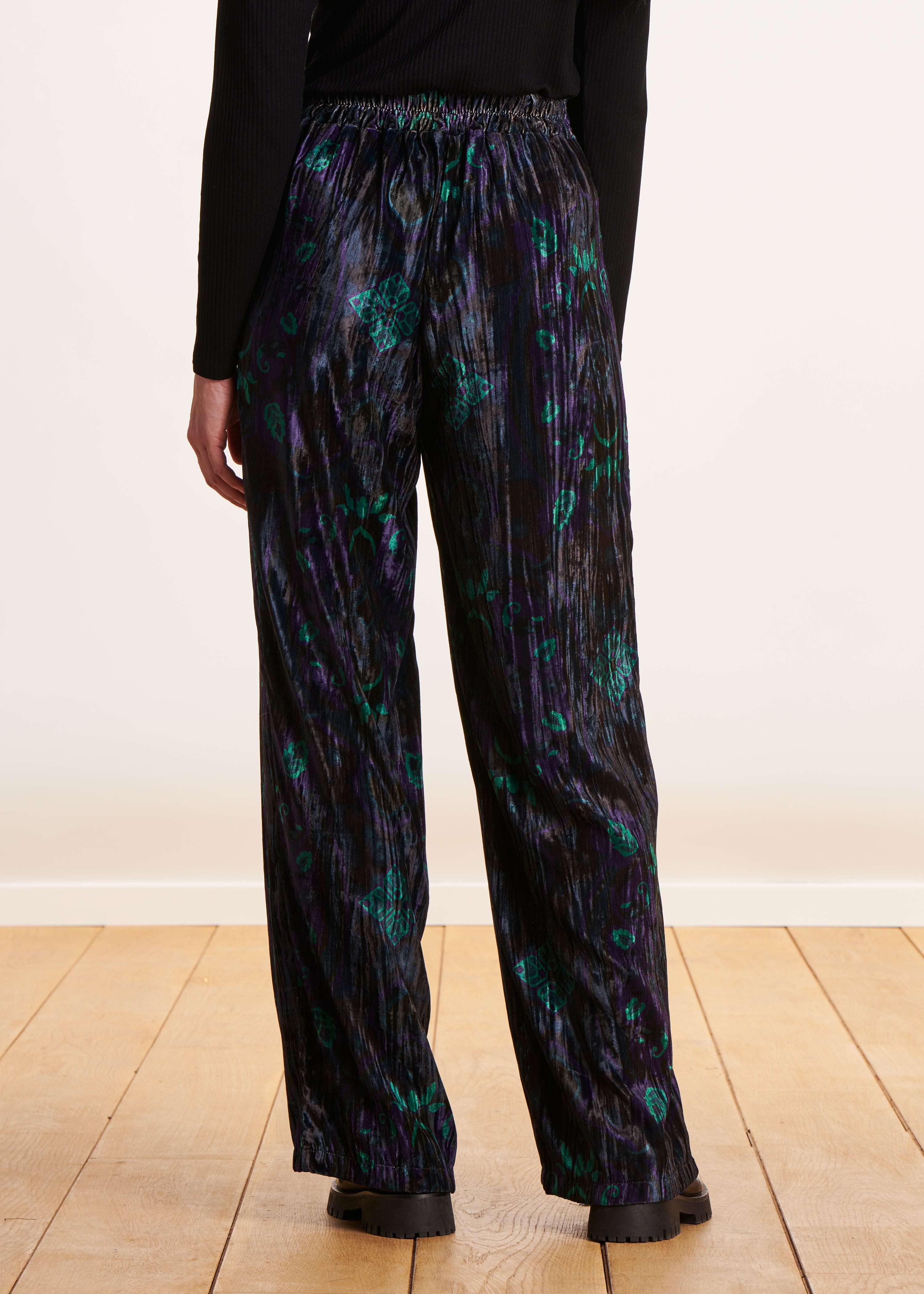 Pantalon large en velours bleu et vert