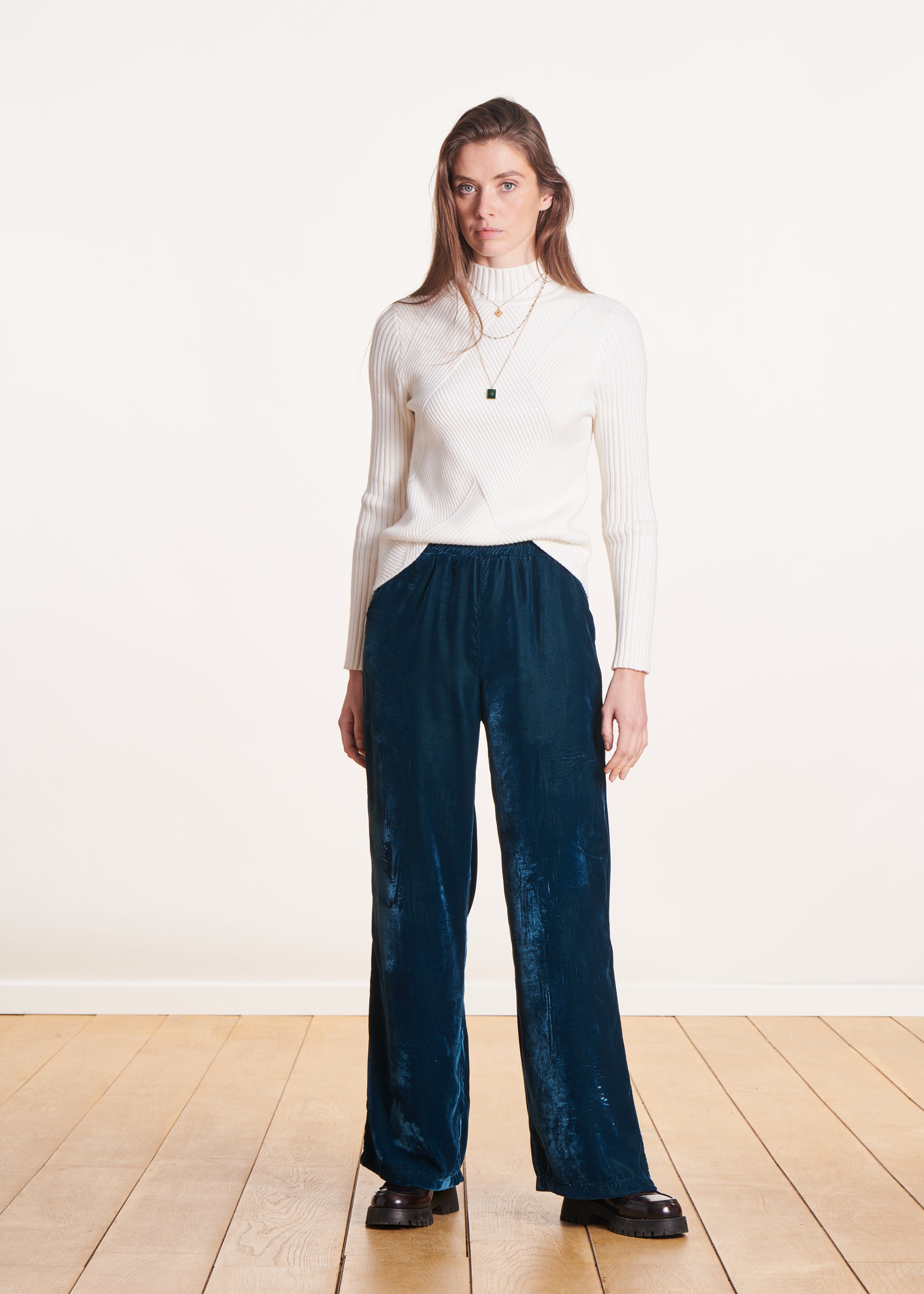 Wide petrol blue velvet pants