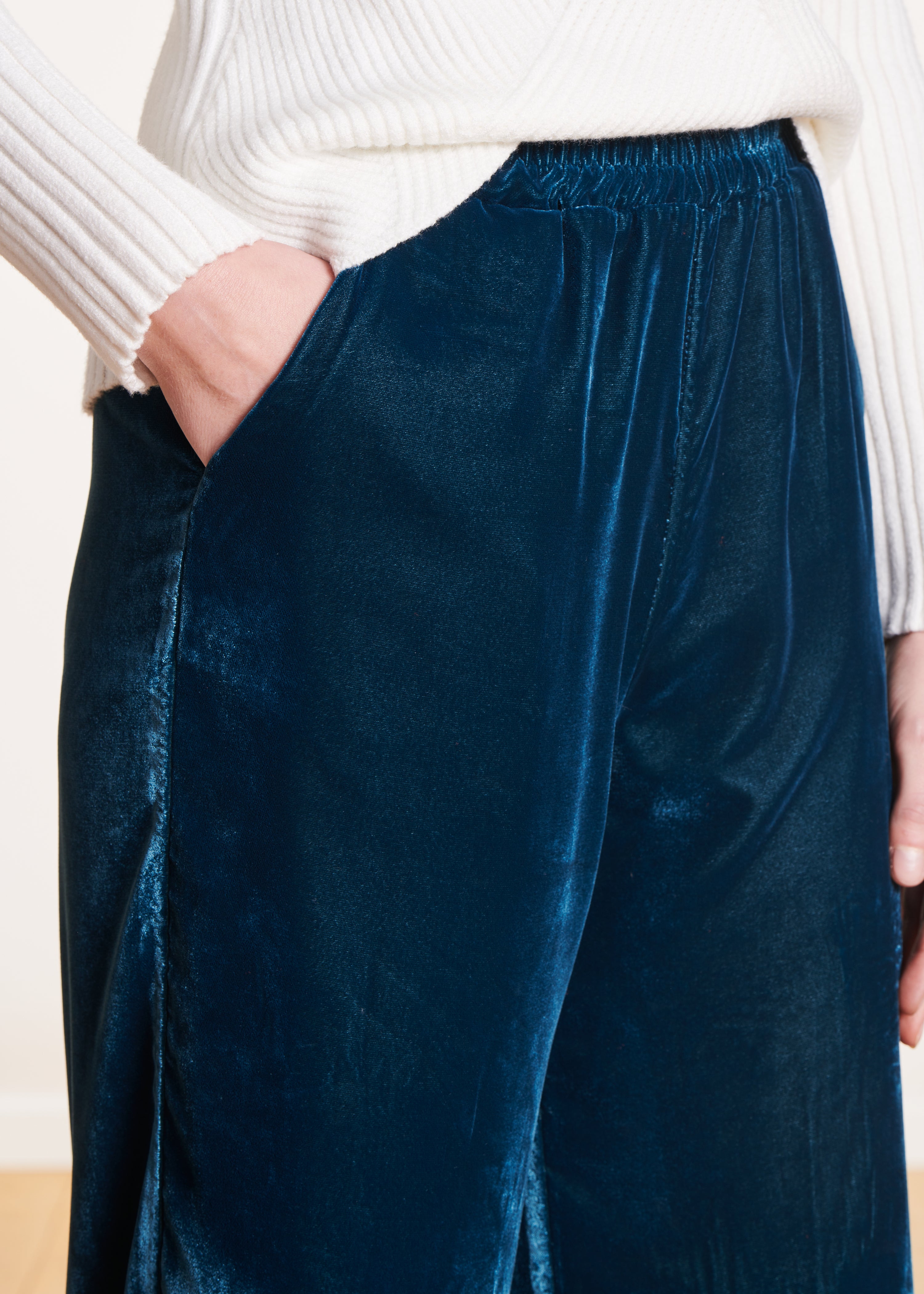 Wide petrol blue velvet pants