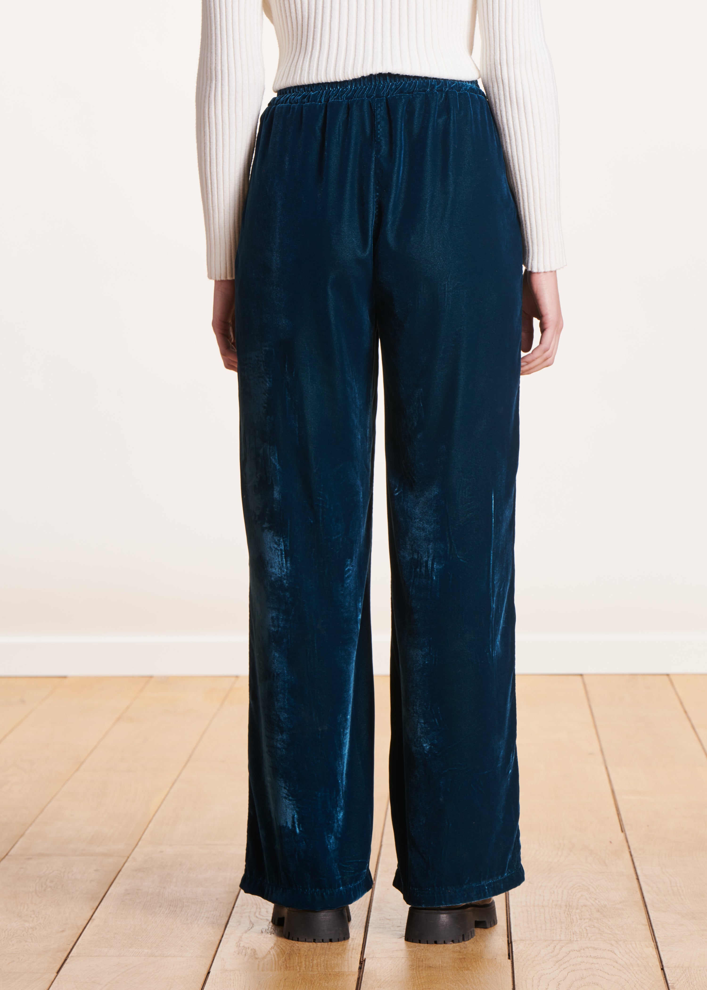 Wide petrol blue velvet pants