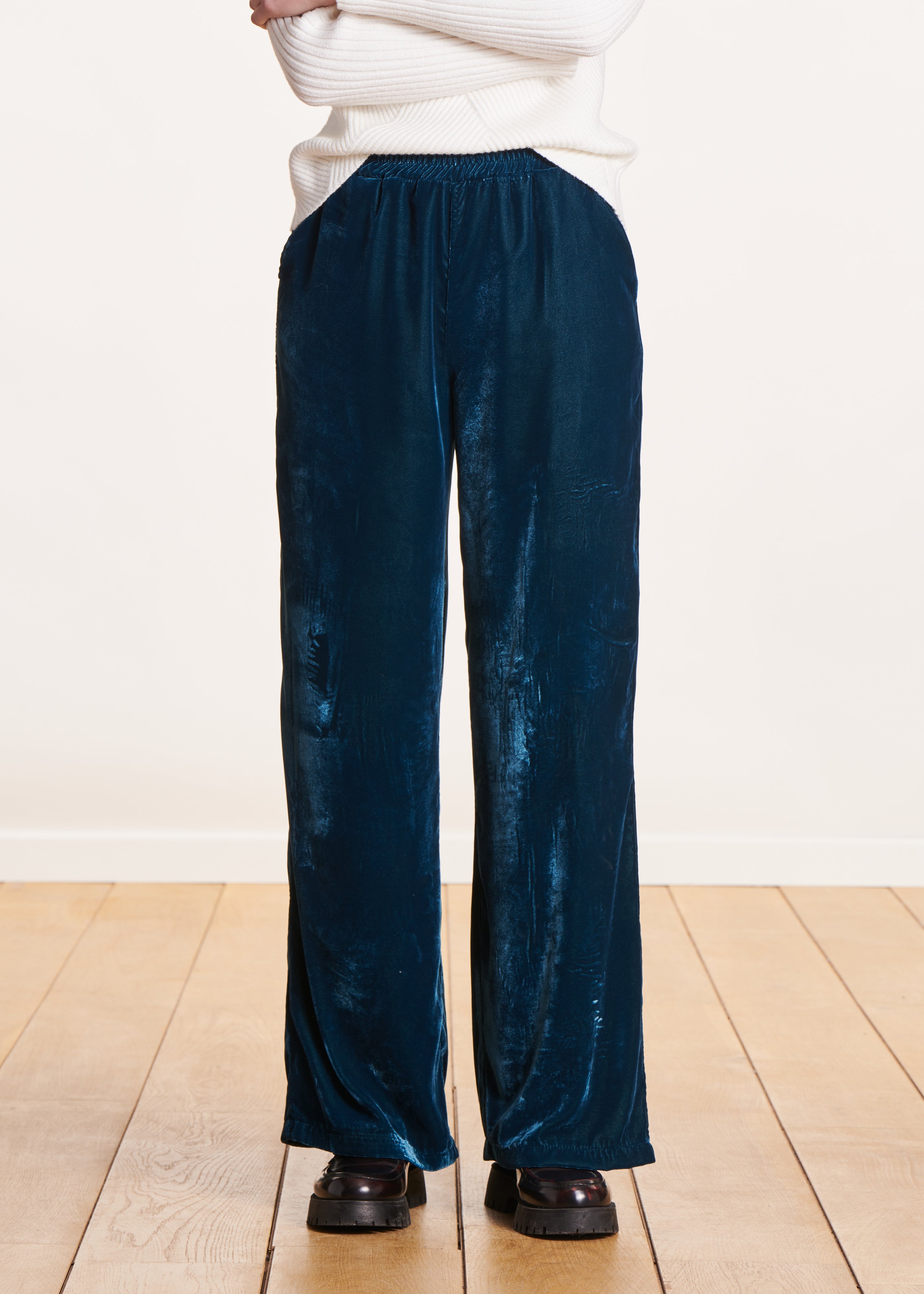 Wide petrol blue velvet pants