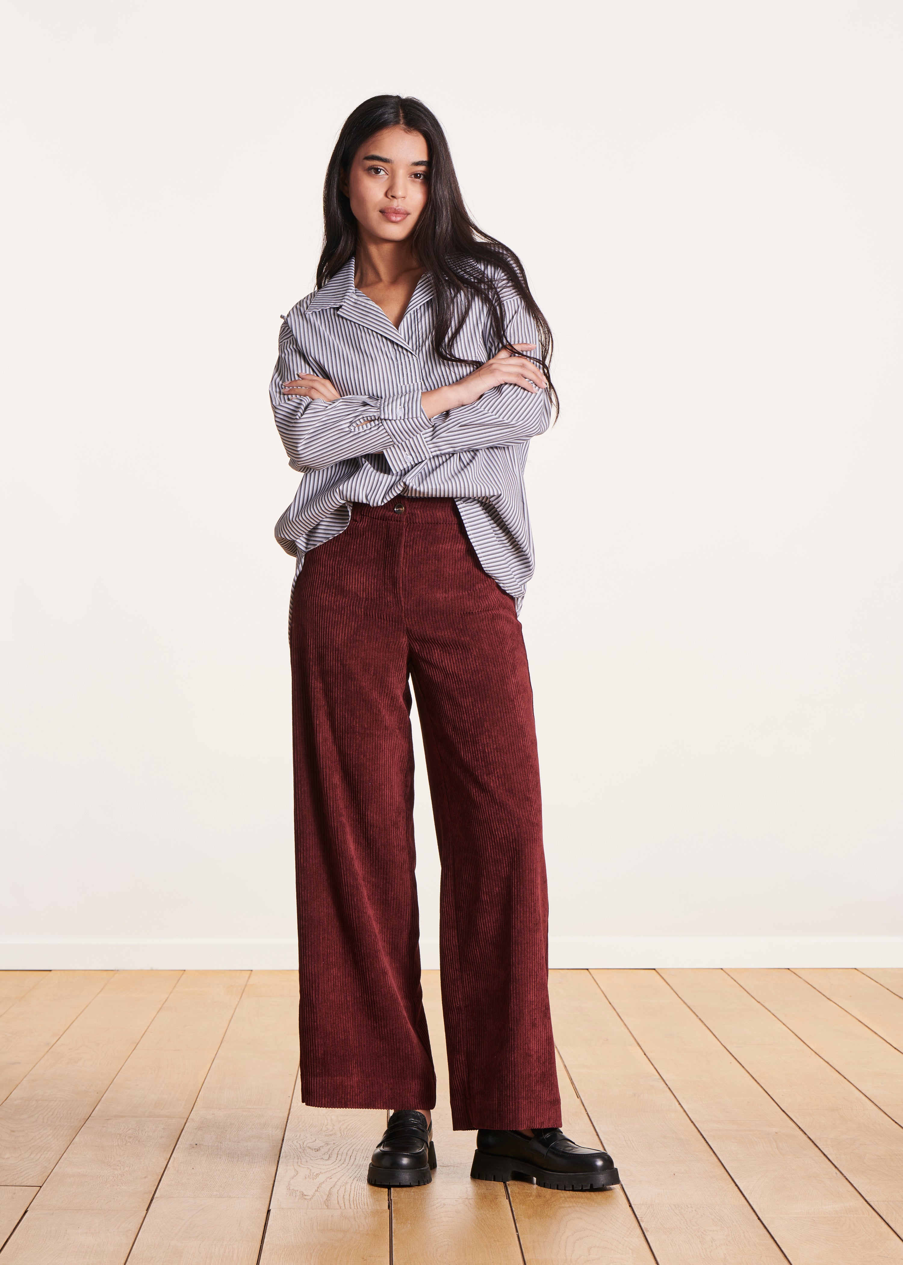 Burgundy velvet wide-leg pants