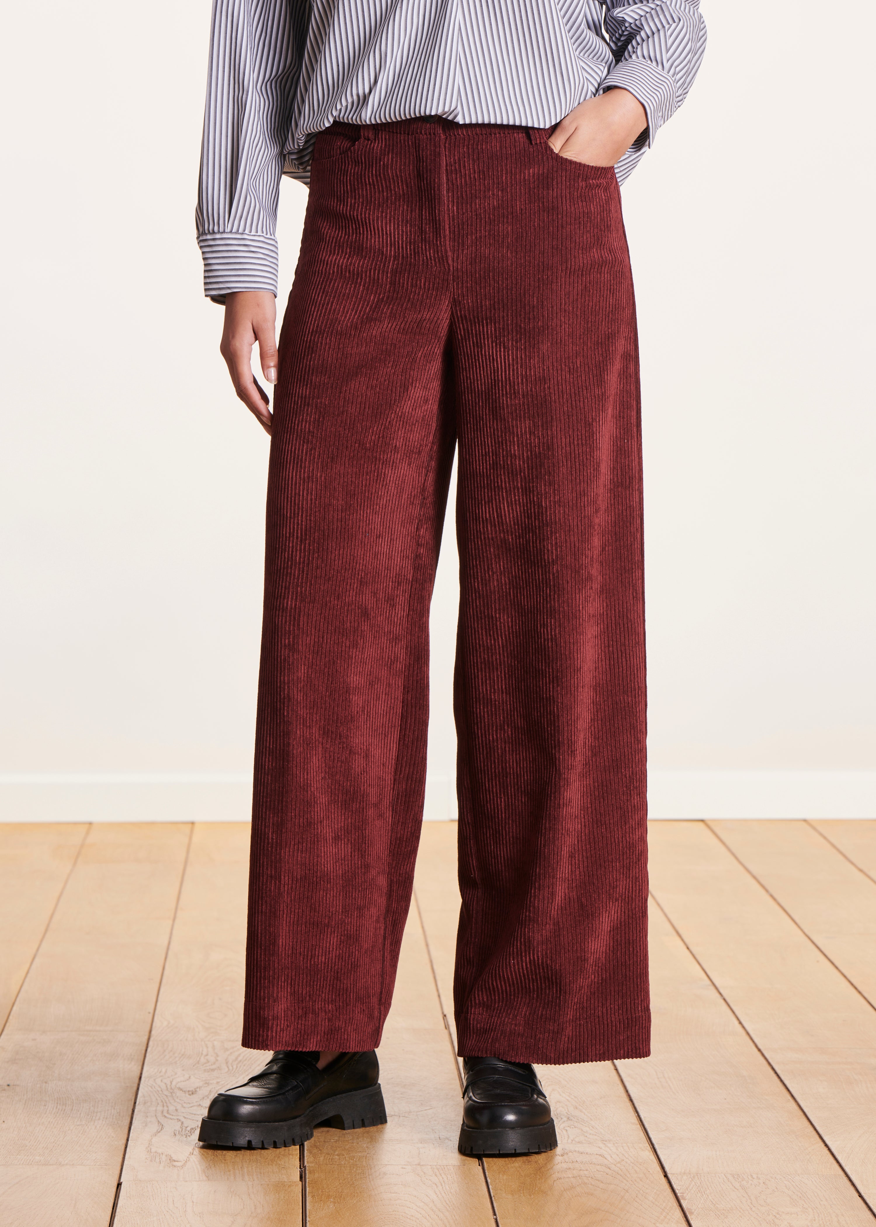 Burgundy velvet wide-leg pants