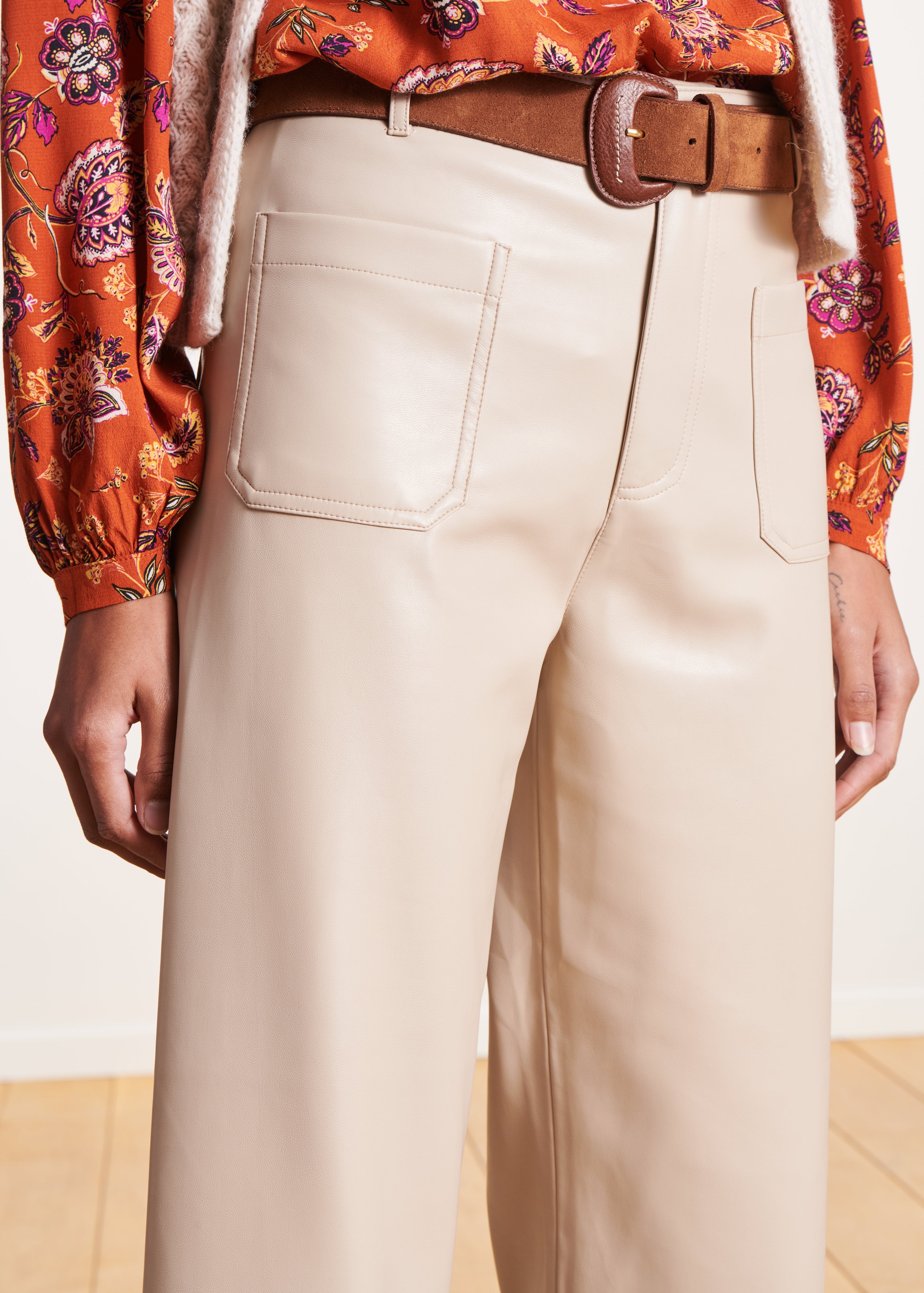 Wide ecru faux leather pants