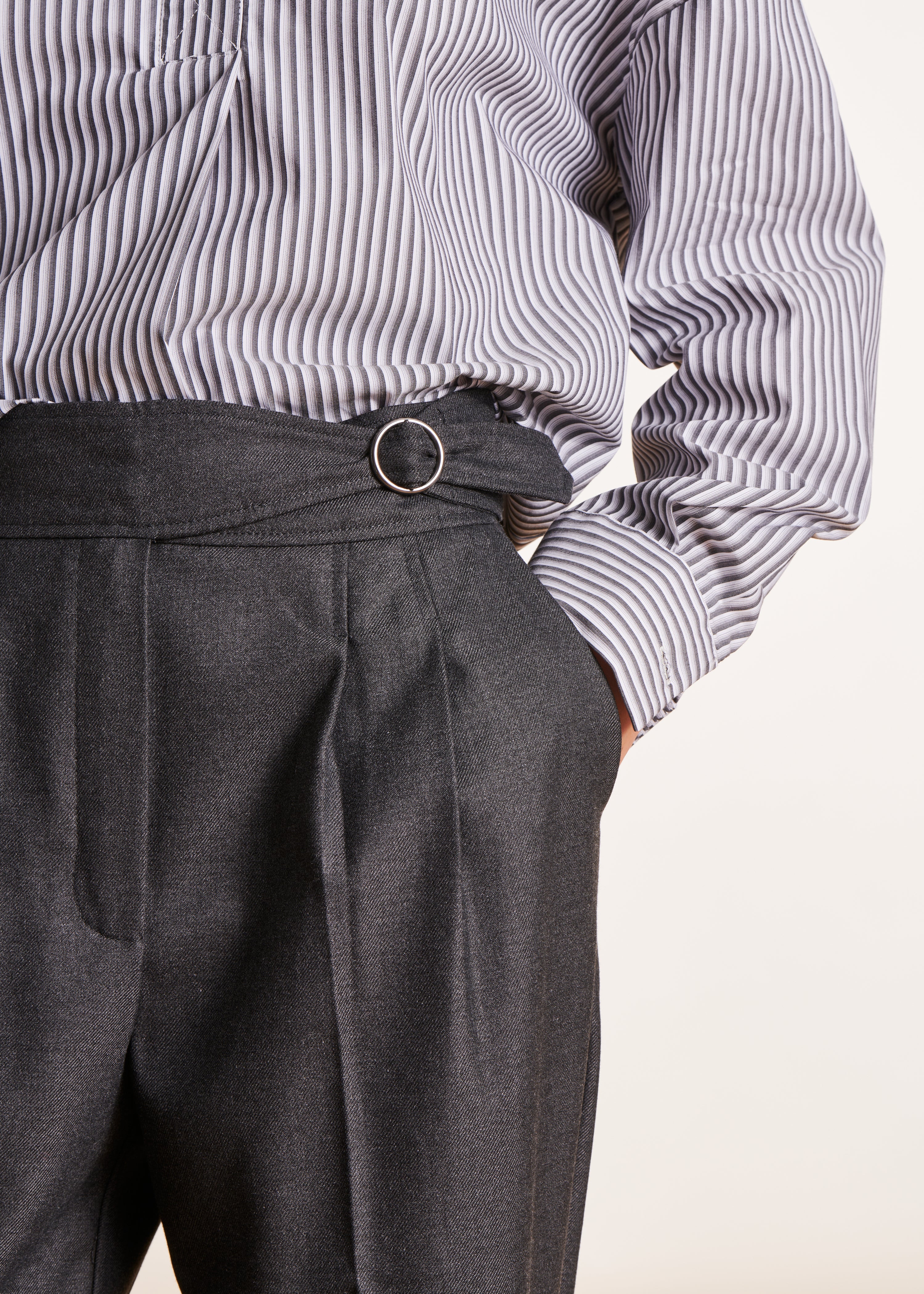 Anthracite gray pants with wide fancy belt