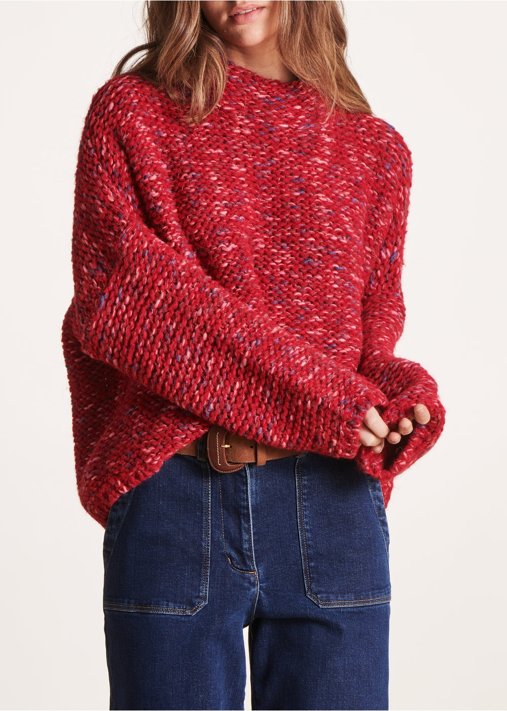 Pull oversize rouge à manches longues maille fantaisie