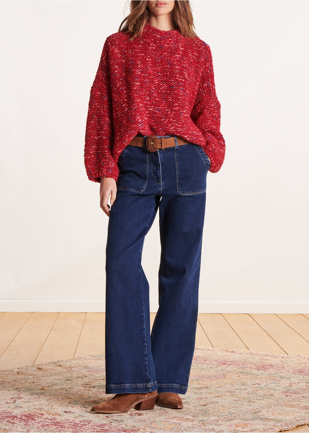 Pull oversize rouge à manches longues maille fantaisie