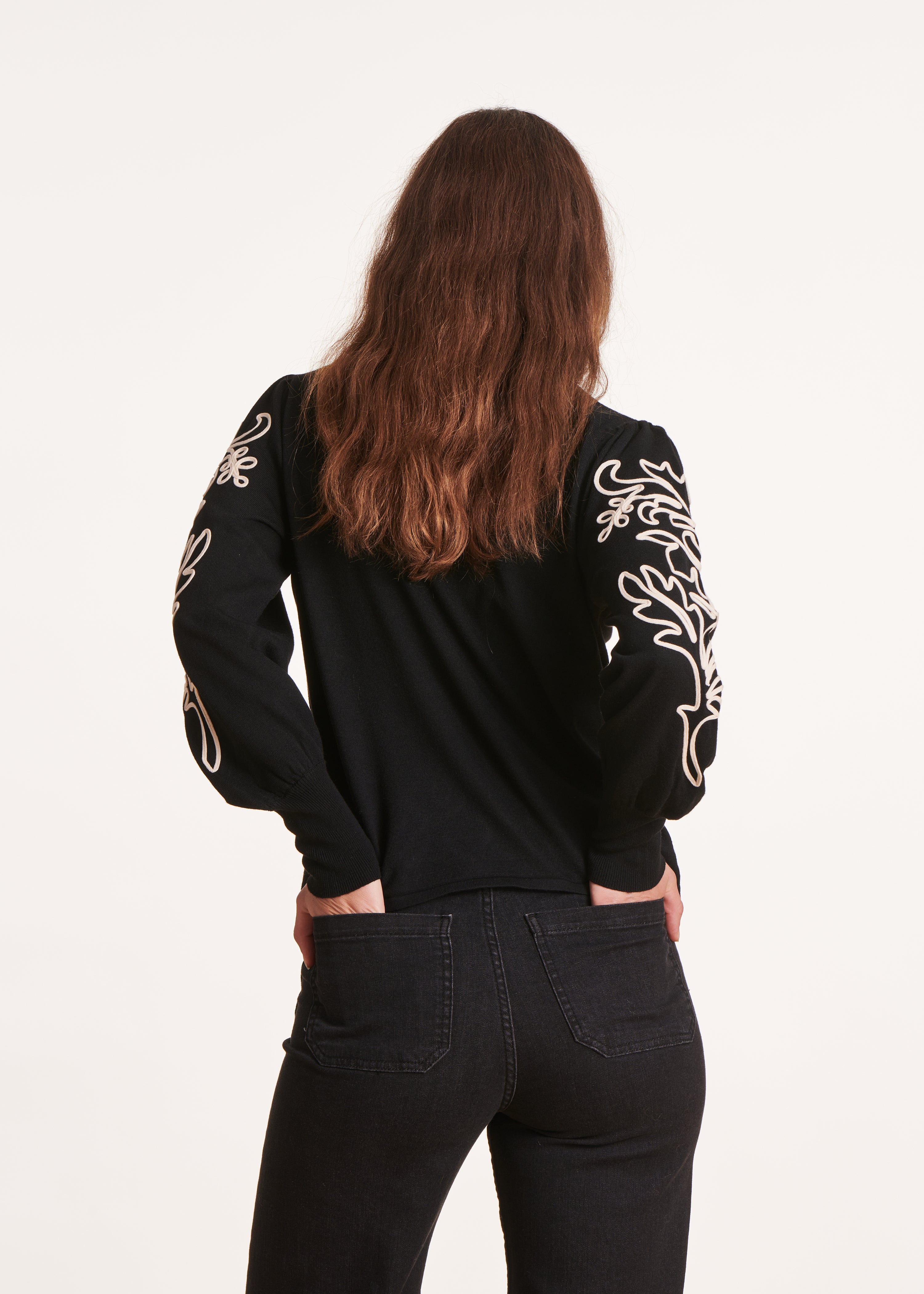 black fine knit sweater with flower embroidery