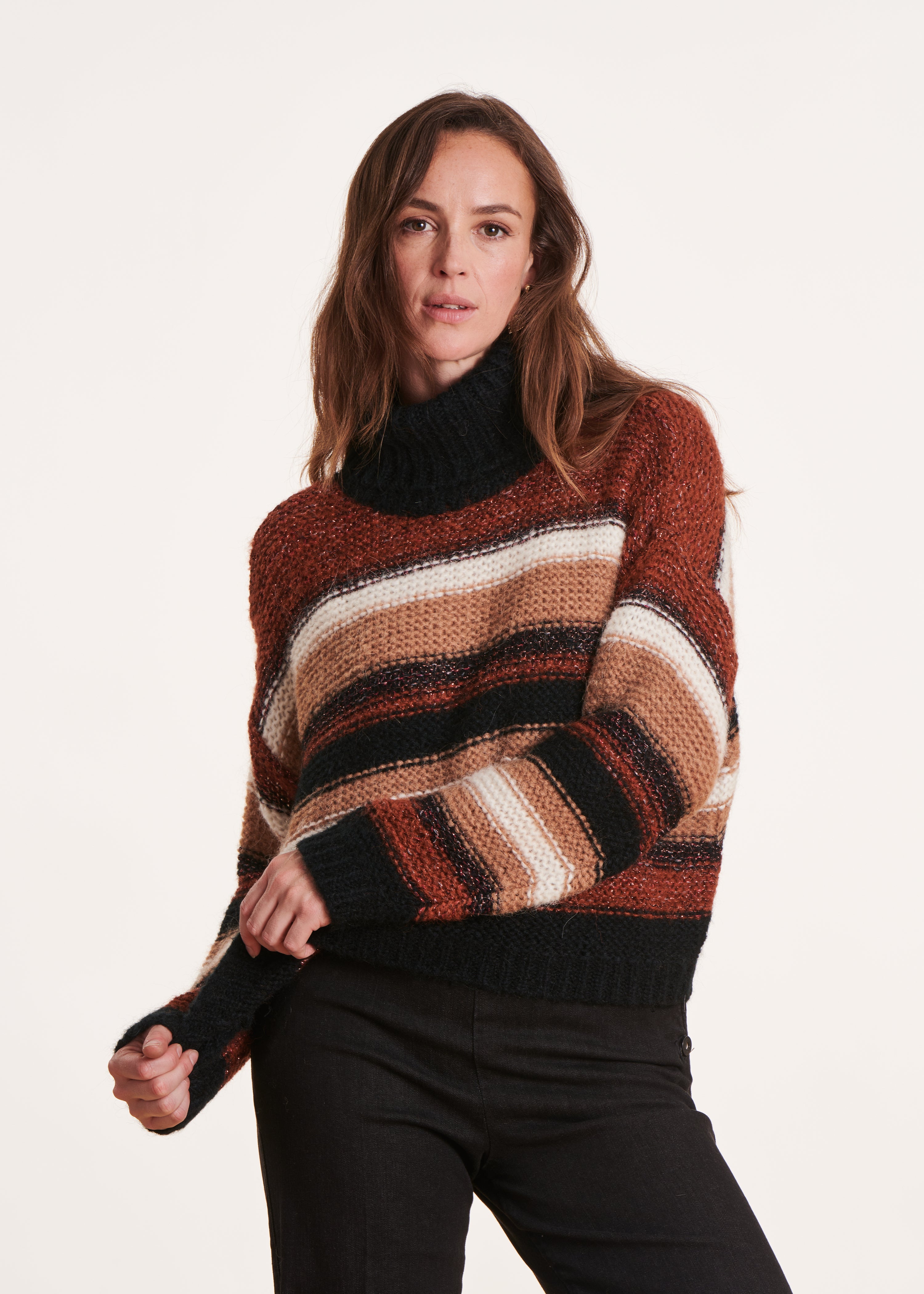 Brown sweater with wide stripes and turtleneck