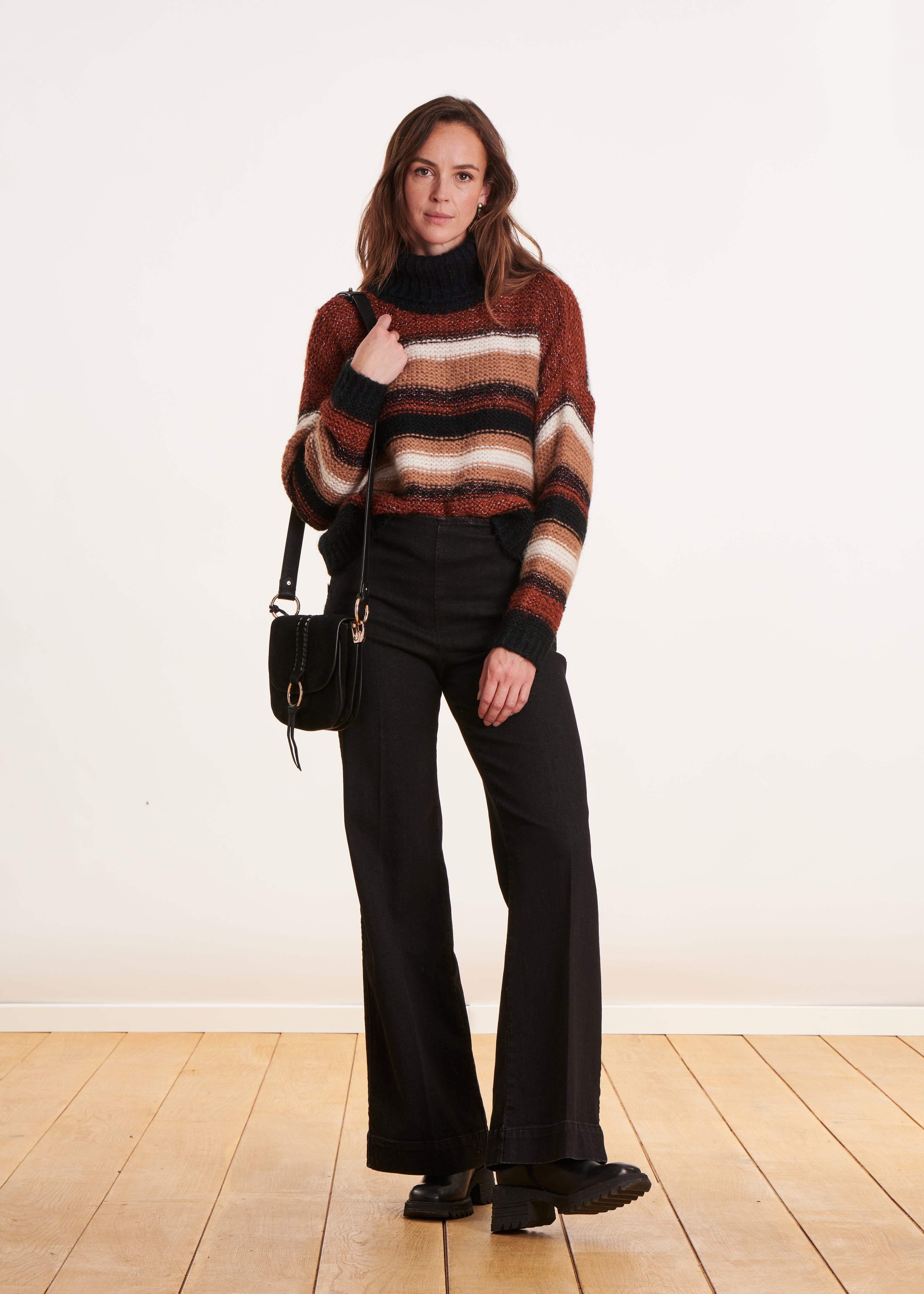 Brown sweater with wide stripes and turtleneck