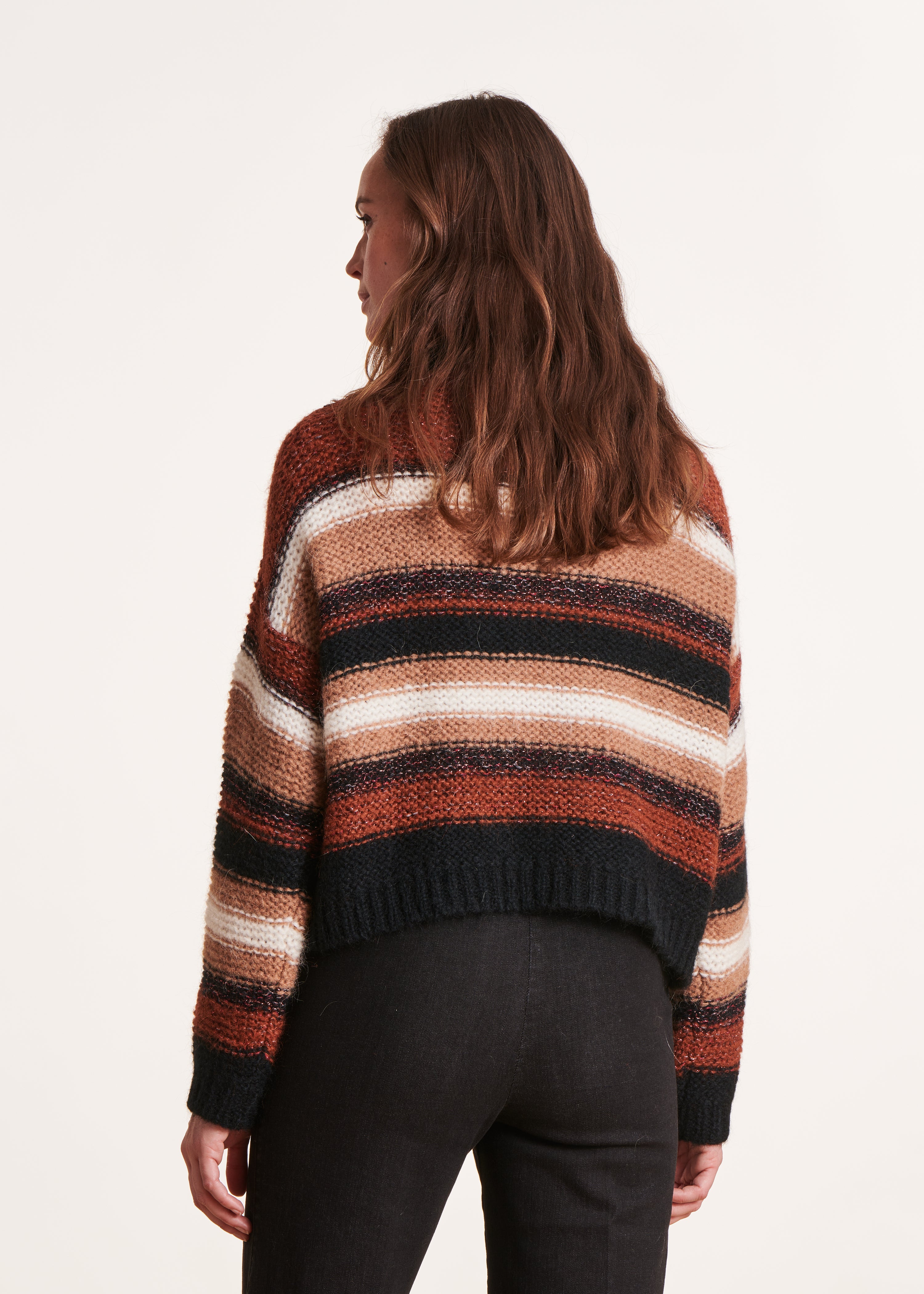 Brown sweater with wide stripes and turtleneck