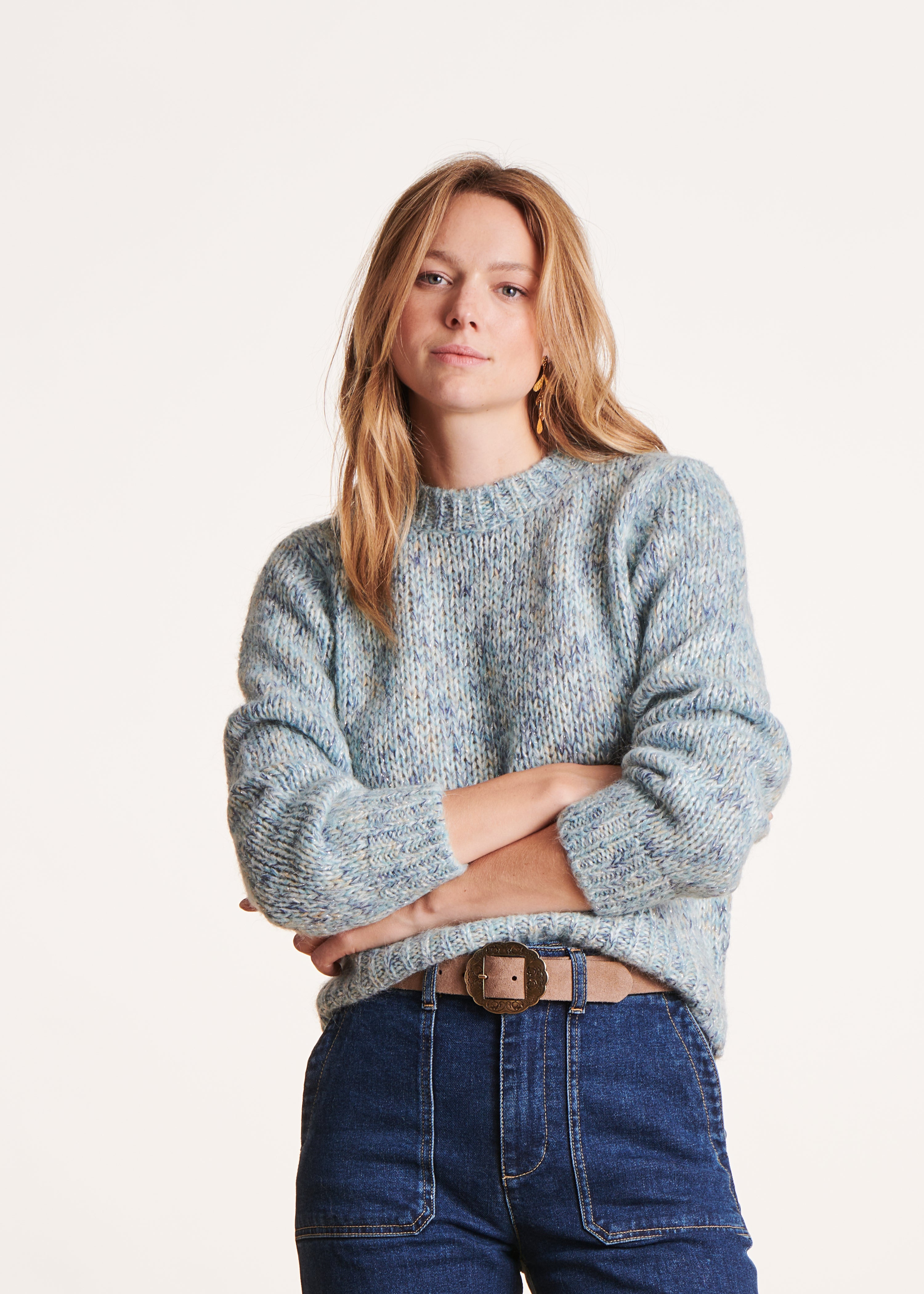 Sky blue iridescent heather knit sweater