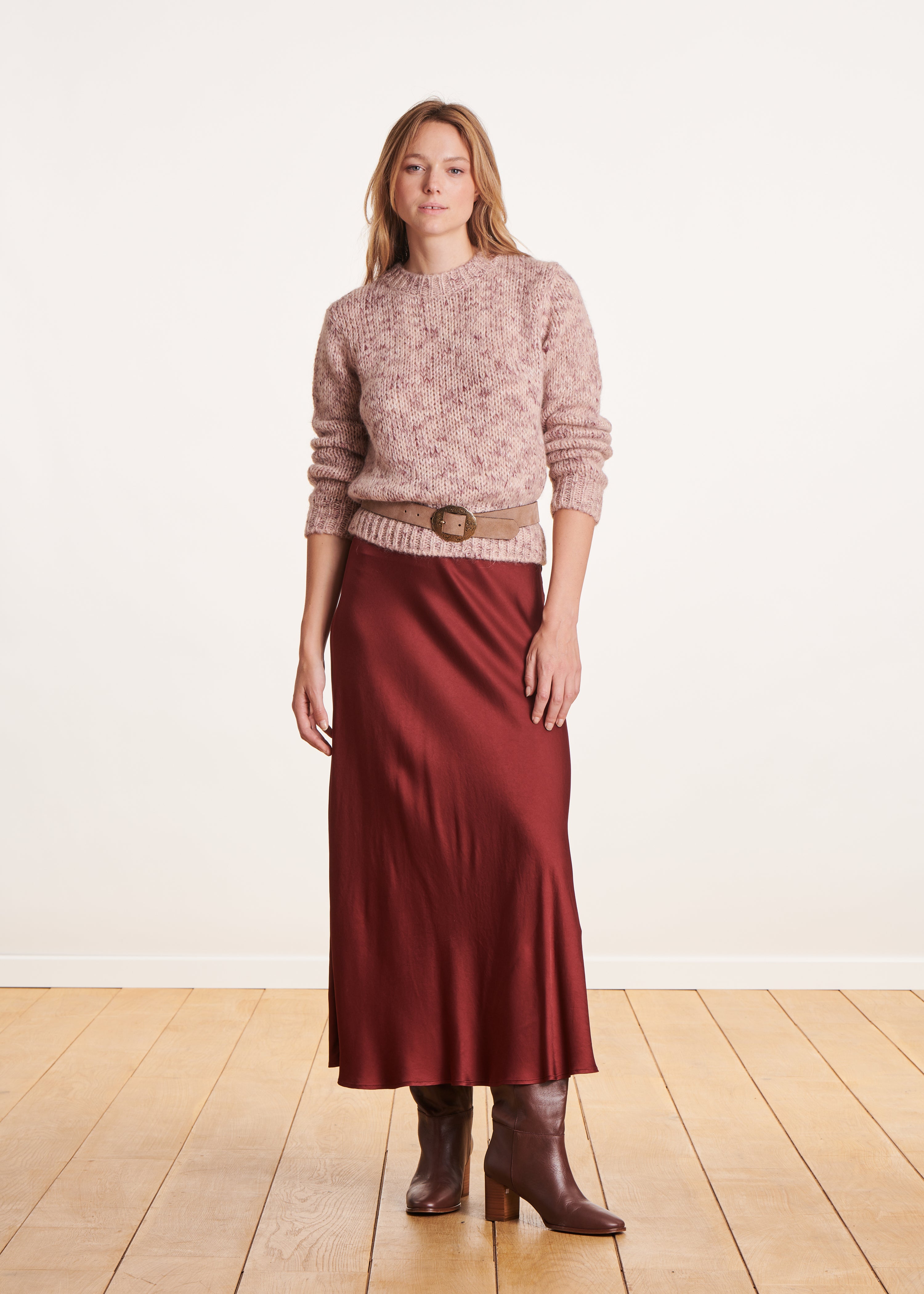 Pull rose pâle maille chinée irisée